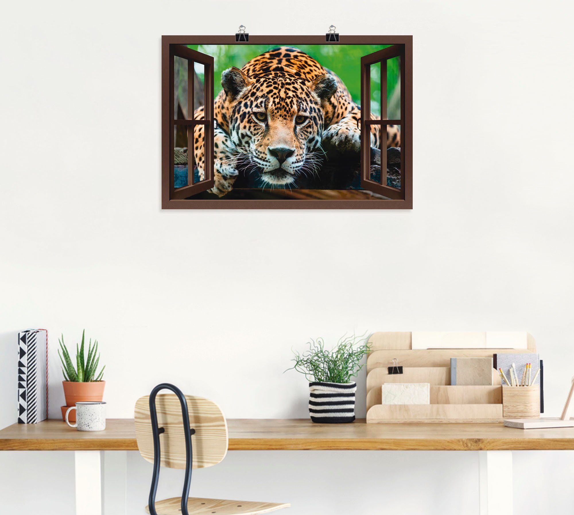 Größen Artland Südamerikanischer Jaguar, Wildtiere versch. Wandbild Fensterblick (1 Poster als oder St), Leinwandbild, in - Alubild, Wandaufkleber