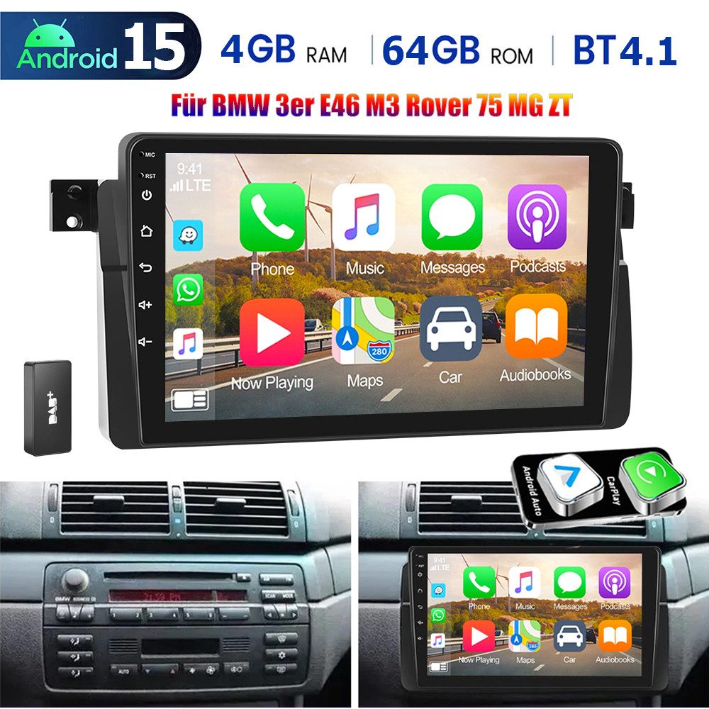ESSGOO 9" Android 15 Autoradio für BMW 3er E46 1998–2006 Wireless CarPlay GPS Autoradio (RDS, 4+128GB(optional), 4+64GB(optional), Digitalradio (DAB), FM, AM, SWC, Carplay Android Auto Bluetooth EQ USB GPS Navi WIFI Touchscreen)