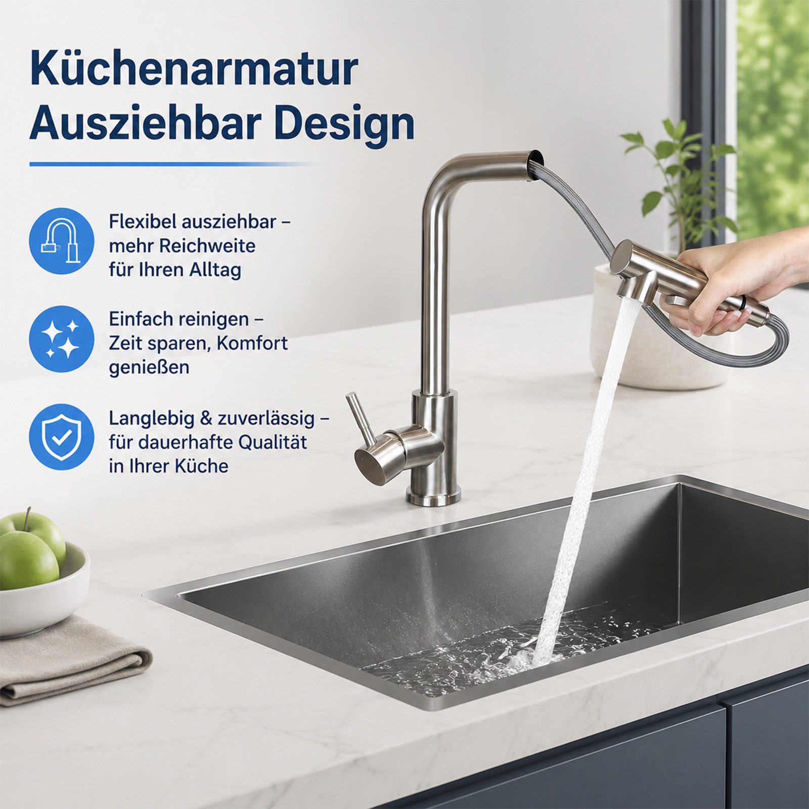 Ledklang Spültischarmatur Edelstahl 360° drehbar Ausziehbarer Brause 2 Strahlarten Küchenarmatur (1-St) für Einhebelmischer Mischbatterie Wasserhahn Küche – Bild 4 von 5