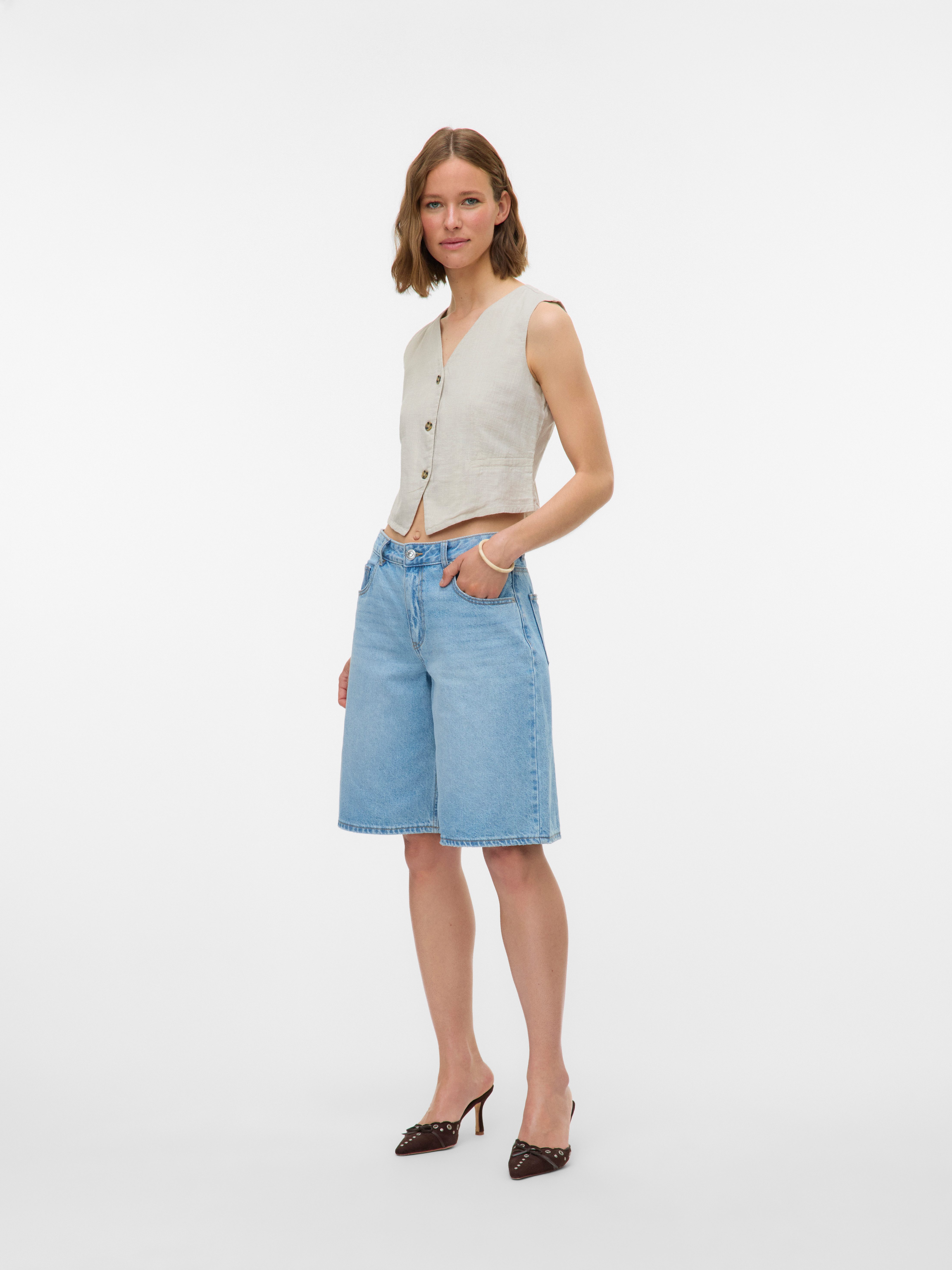 Vero Moda Kurzweste VMCAIA SL VEST WVN NOOS Baumwolle mit Leinen, figurbetonte Form