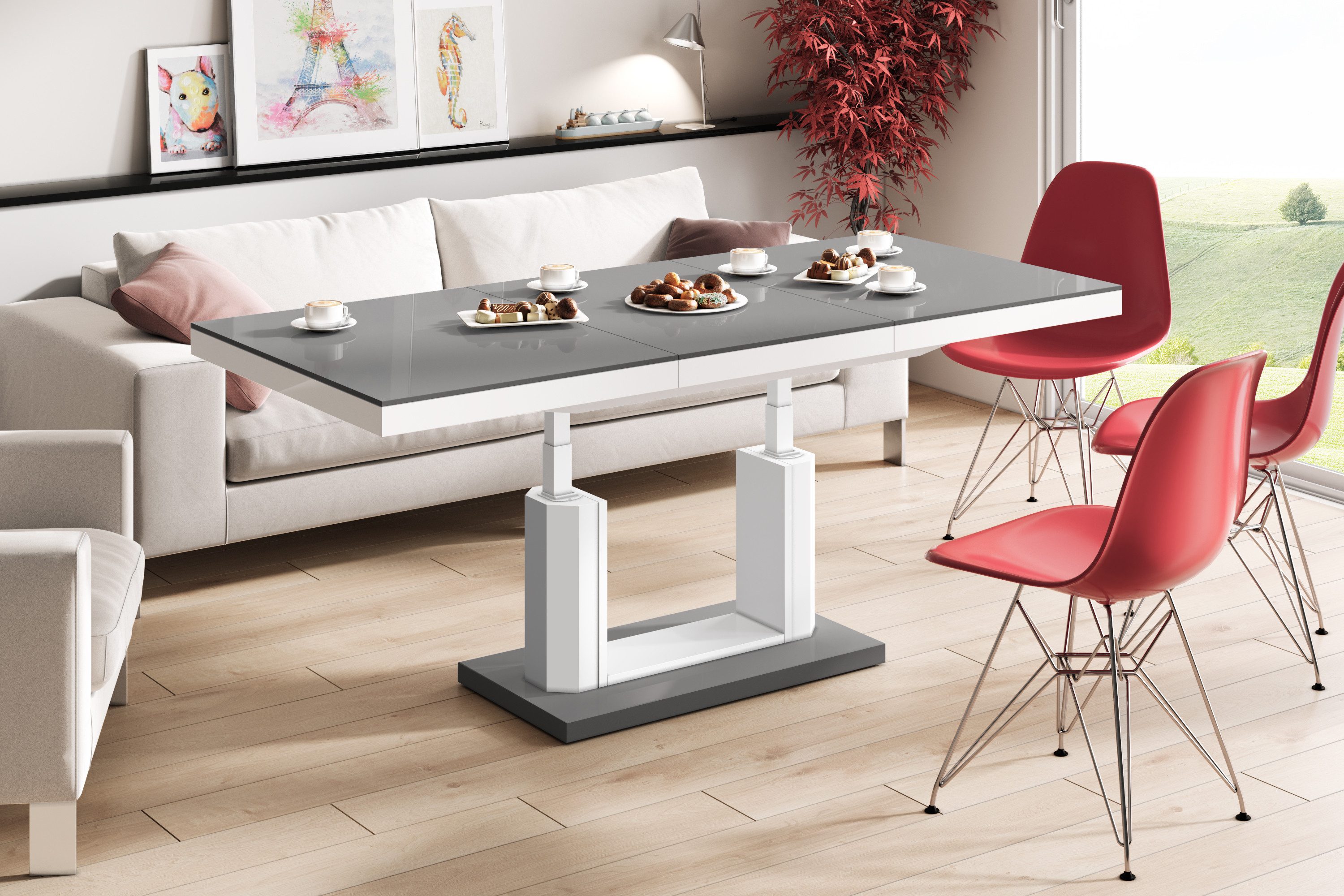 designimpex Couchtisch H-120 Grau / Weiß Hochglanz stufenlos höhenverstellbar ausziehbar