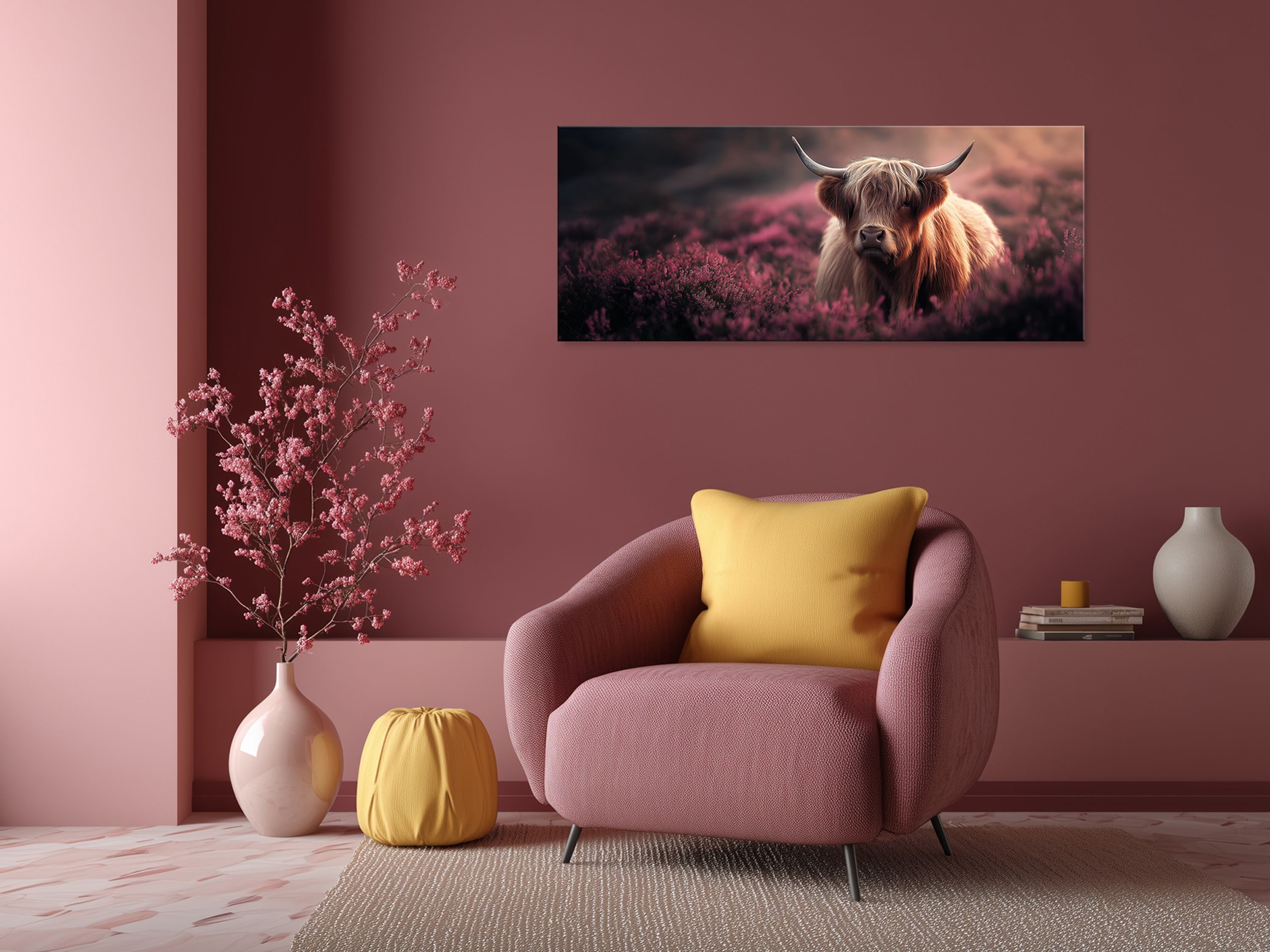 artissimo Glasbild XXL Bild aus Glas 125x50 cm / Panorama Wandbild groß / Wanddeko modern, Tiere: Highland Rind auf Blumewiese