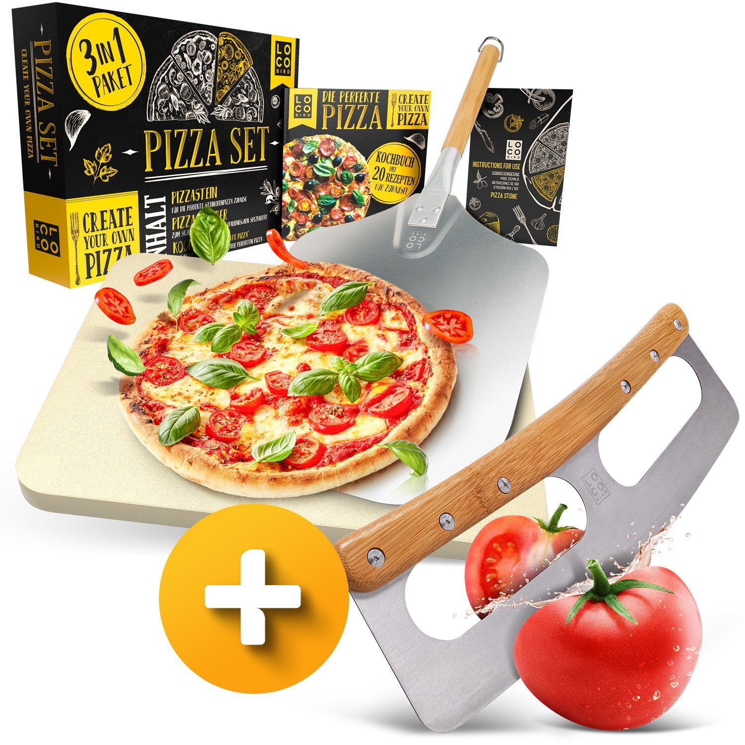 Loco Bird Pizzastein für Backofen & Gasgrill, rechteckig aus Cordierit, Cordierit, (Set, 4-St., inkl. Pizzaschieber, Pizzamesser und Rezeptbuch), für eine Pizza wie in Italien: authentischer Geschmack für Zuhause