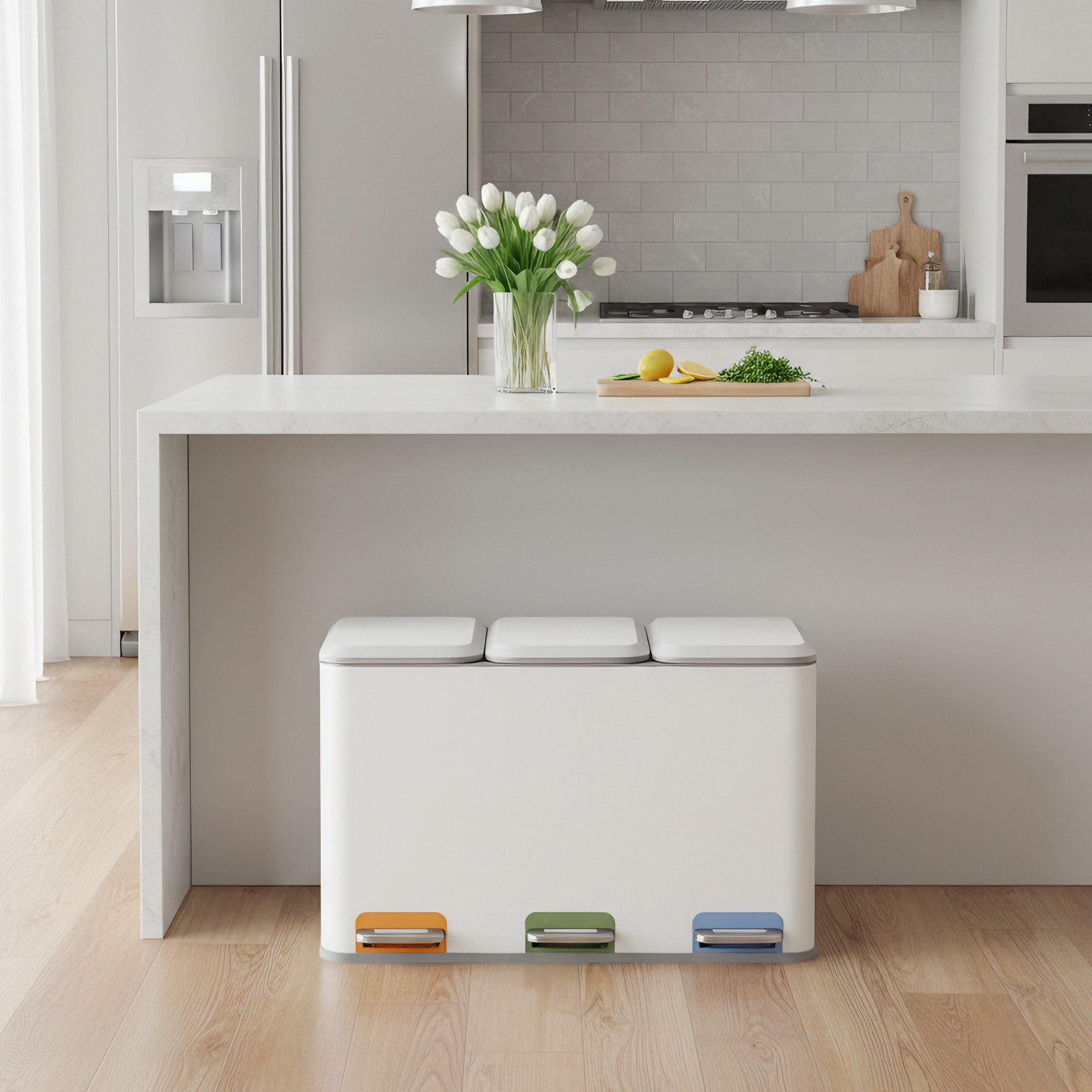 SONGMICS Mülleimer Mülleimer Küche, Fächer, Abfalleimer mit farbcodierbaren Pedalen, Mülltrennsystem, mit Deckeln und Inneneimern, Stahl, 3 x 15 L