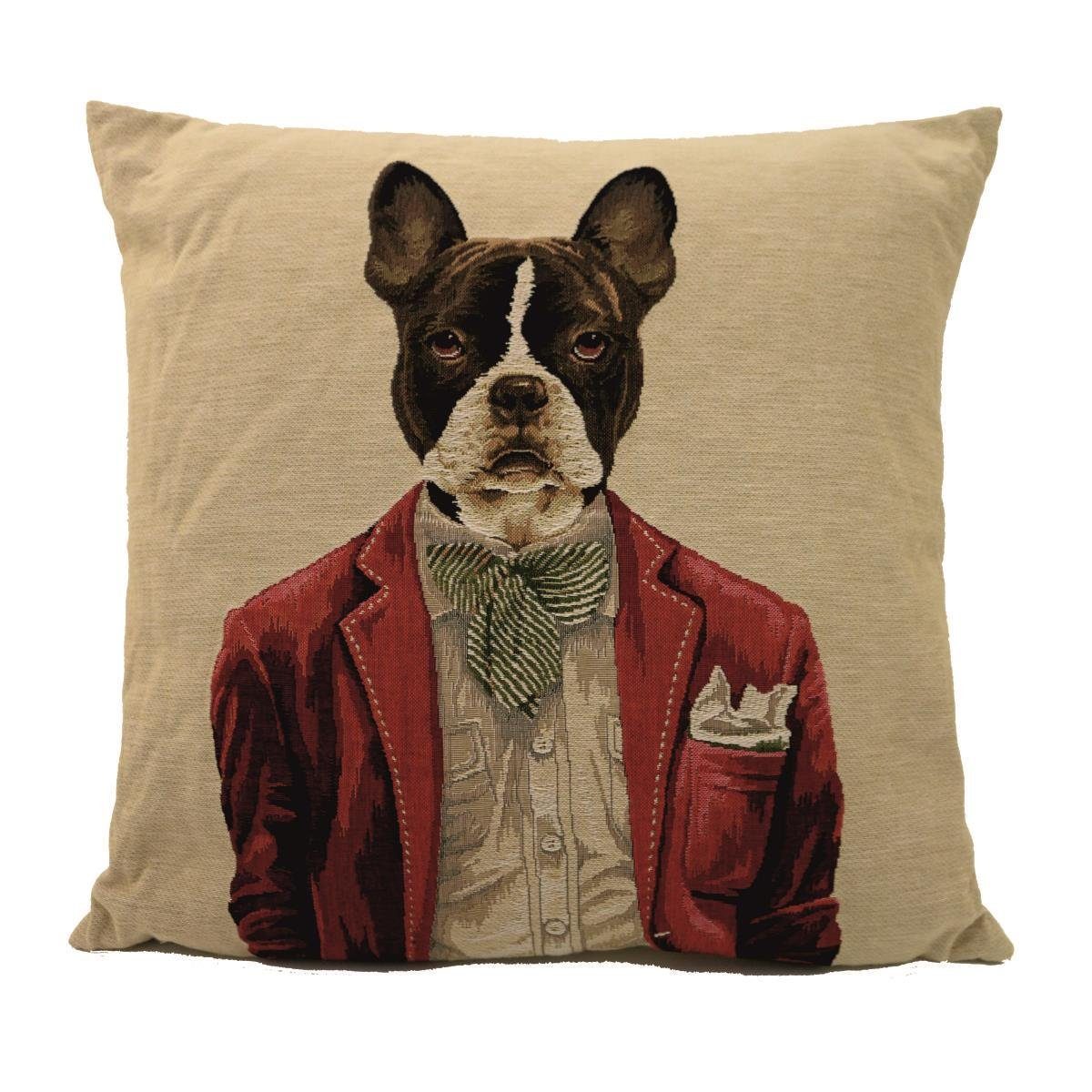 Mars & More Dekokissen Mars & More Gobelin Kissen französische Bulldogge in rotem Blazer