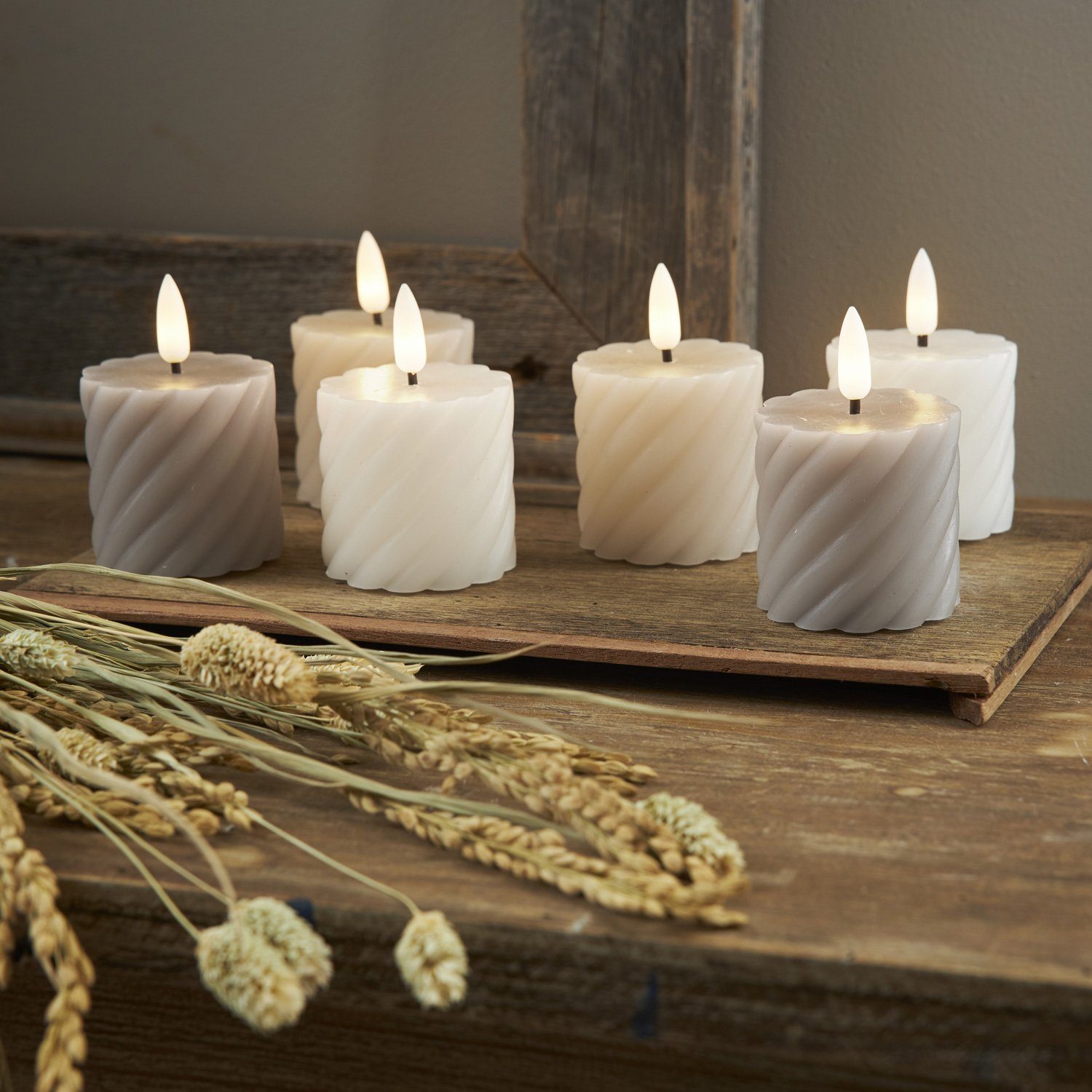 STAR TRADING LED-Kerze LED Stumpenkerze Swirl Echtwachs gedreht H: 7,5cm Timer grau 2er Set (2-tlg)