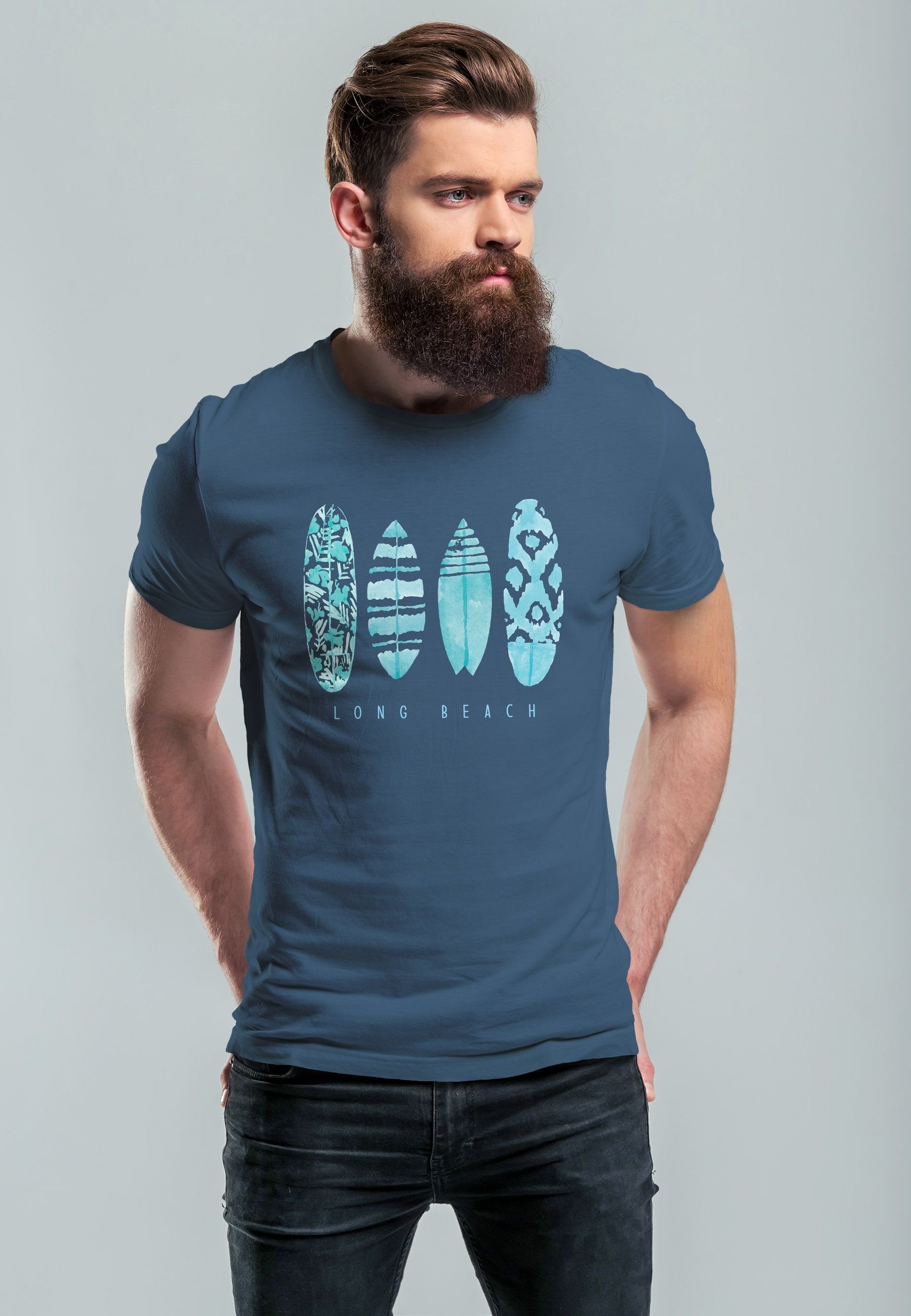 blau Aufdruck T-Shirt St Surfboard türkis Print-Shirt Long Herren Sommer mit Neverless Print Fashion Surfing Beach