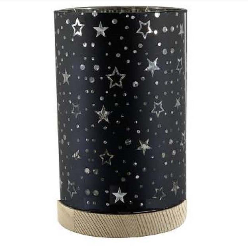 SA304 STAR 15x9cm schwarz 10er Tischleuchte Windlicht Timer LED Glas "Sternenmotiv"