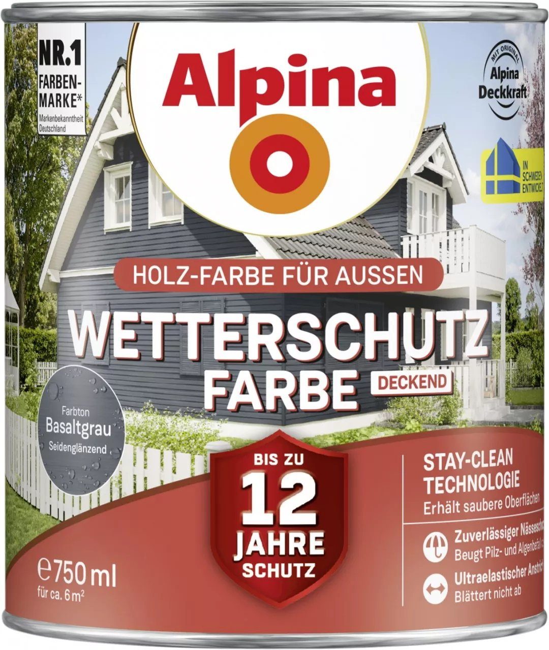 Alpina Wetterschutzfarbe Holzfarbe für außen deckend Basaltgrau 750 ml