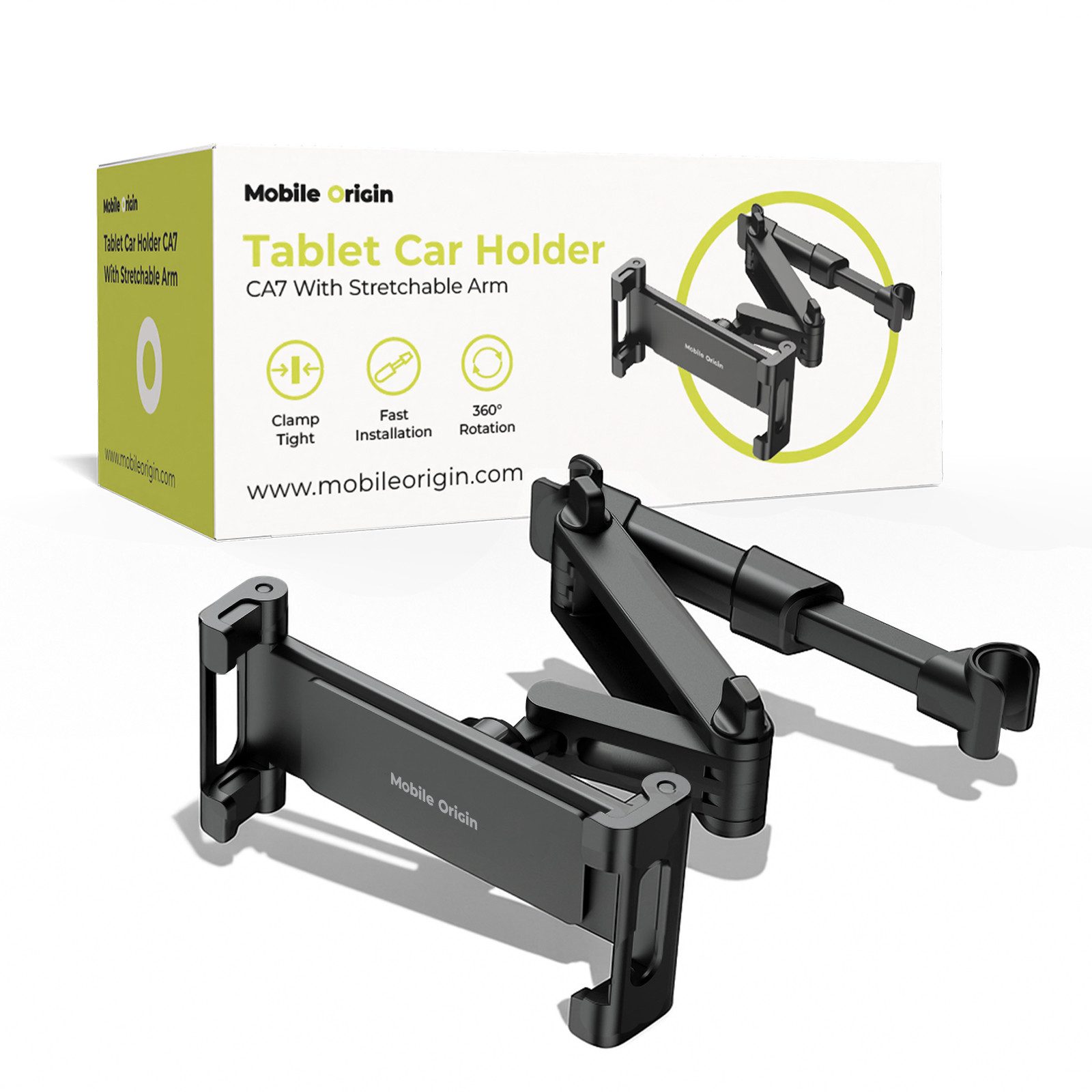 Mobile Origin Tablet-Halterung Ausziehbare KFZ-Kopfstützen Halterung Auto für iPad Universal Tablet, (bis 13 Zoll, Breiter Größenbereich 5,3–12,9", 106–243 mm Auszug, Ladeport‑Zugang)