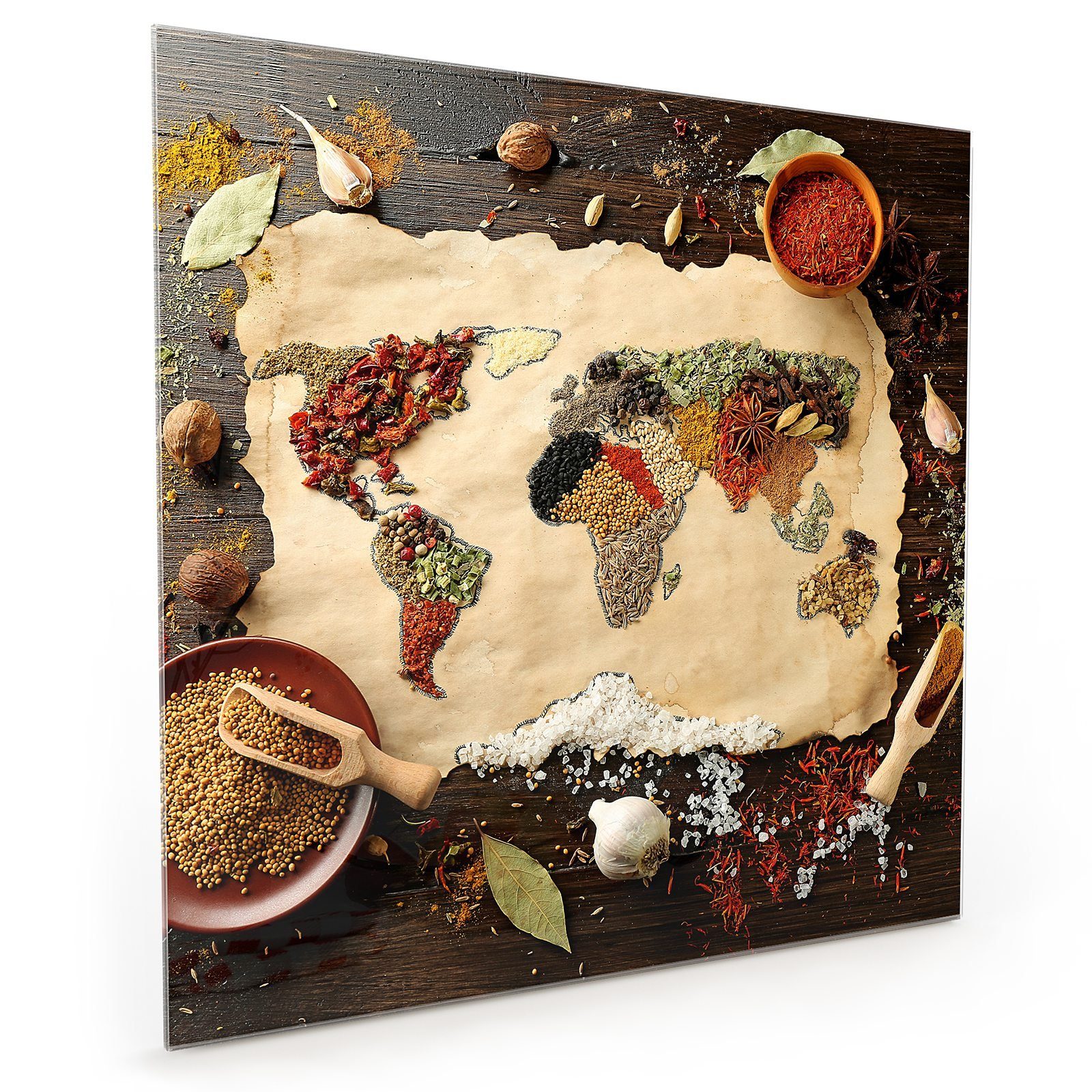 Primedeco Küchenrückwand Spritzschutz Glas Weltkarte aus Gewürzen