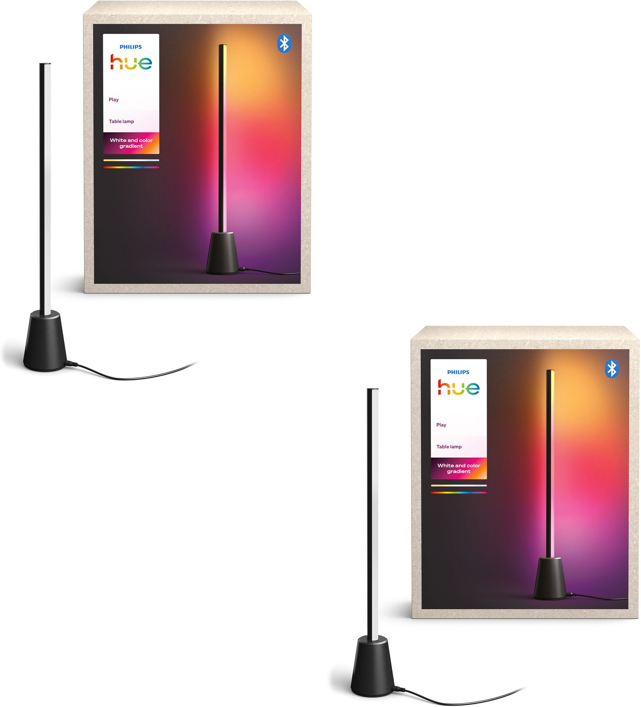 Philips Hue LED Tischleuchte Doppelpack Play, 60 cm, RGBW, Weiß & Farbverläufe, Abschaltautomatik, Bluetooth, Dimmfunktion, Einschlafhilfe, Farbsteuerung, Farbwechsel, Leuchtdauer einstellbar, Memory, nach Trennung vom Netz, RGB, Smart Home, Softlichtstart, Tageslichtsensor, Timerfunktion, Weckerfunktion, erweiterbar, LED fest integriert, RGB, App‑ & Sprachsteuerung, TV Sync, smart steuerbar