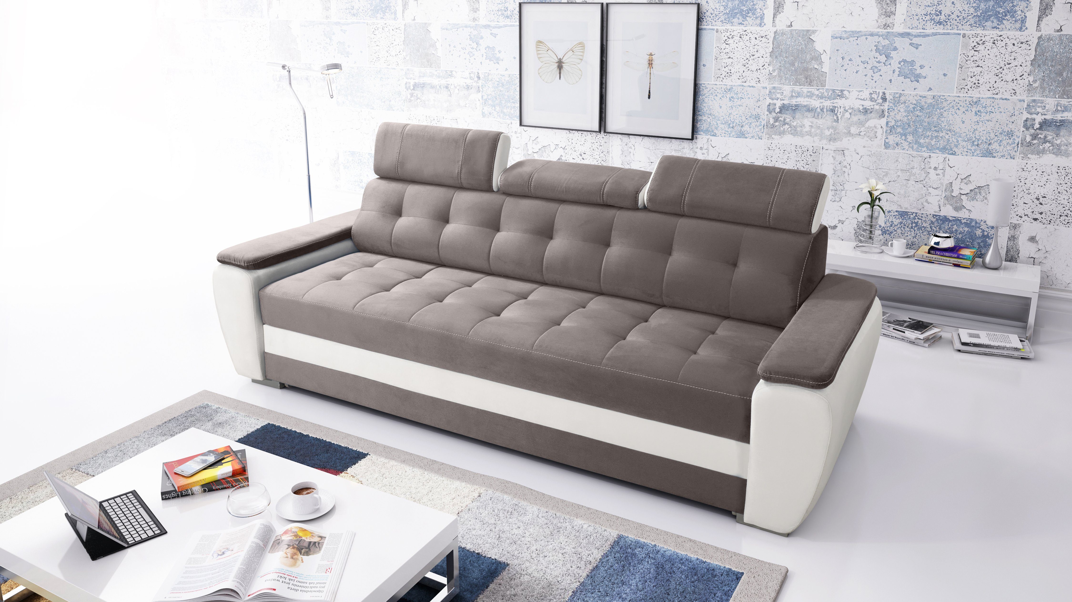 robin Schlafsofa Diana Sofa mit Verstellbare Schlaffunktion Kopfstützen 3 BROWN+WHITE