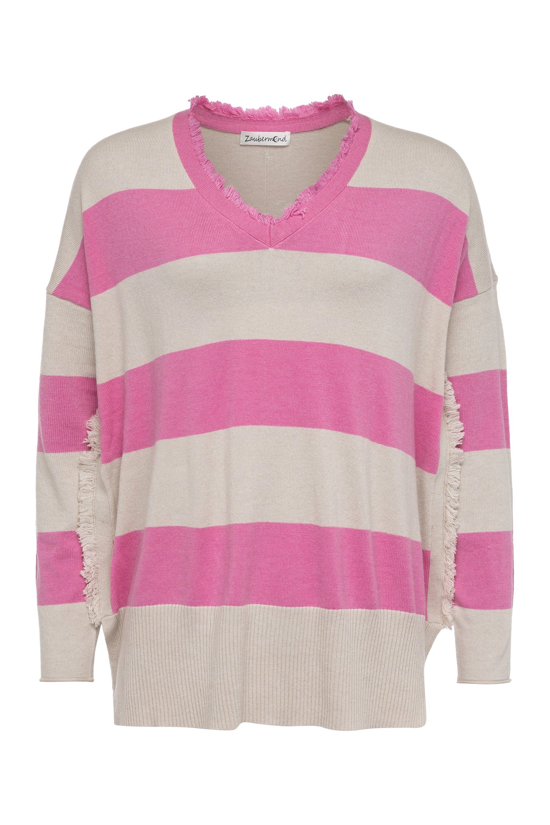 Zaubermond Strickpullover Boho Loose Pullover mit V-Ausschnitt, Blockstreifen & Fransen