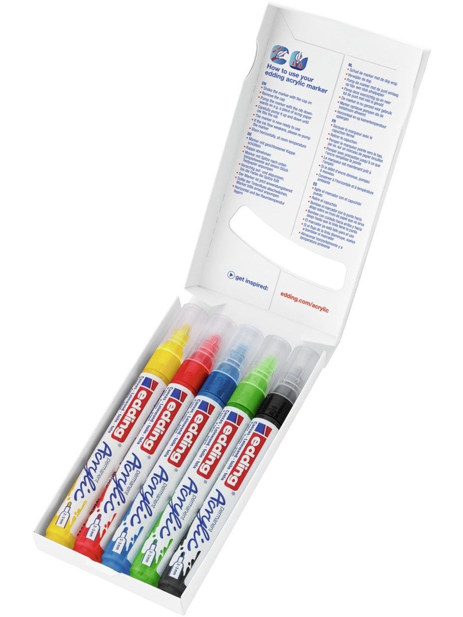 edding Marker Acrylmarker Set 5-teilig mit Rundspitze für Leinwand und Papier, wasserfest lichtecht permanent seidenmatt