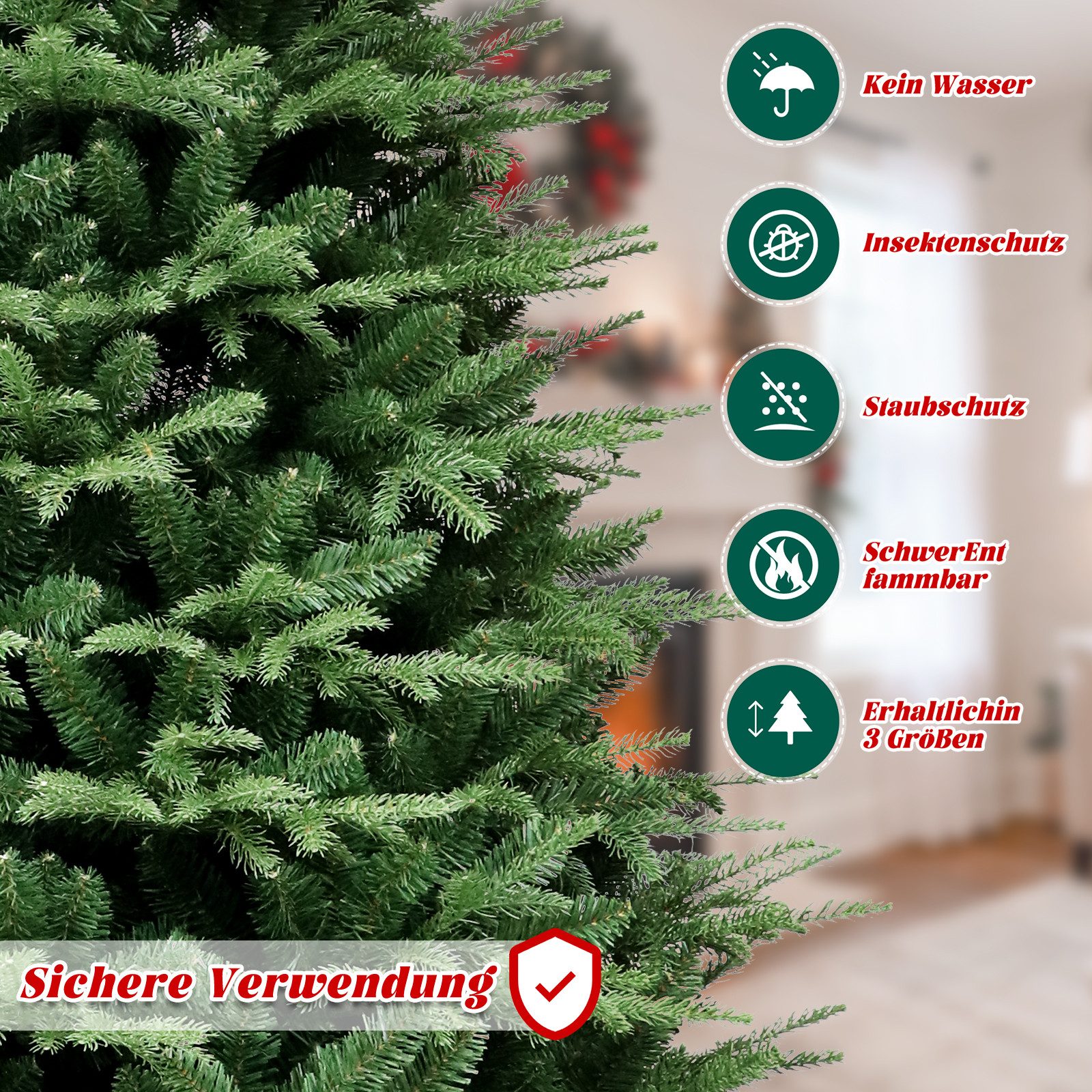 STANBOW Künstlicher Weihnachtsbaum Weihnachtsbaum 150/180/210 cm auswählbar,Tannenbaum aus PE und PVC, Tannenbaum, Naturgetreu,Dichte Zweige Christmas tree mit Holzständer für zimmer