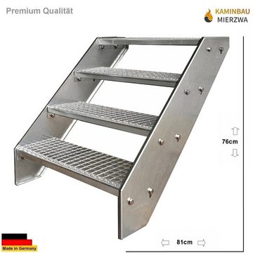 Kaminbau Mierzwa Außentreppe Premium Treppe Verzinkt mit und ohne Geländer, für Geschosshöhen bis 76.00 cm, Stufen Gitterroststufen nach DIN 24531, (Höhe 76 cm, Stufenbreite und Geländerart wählbar), Gartentreppe Stahltreppe Wetterfest Rostfrei Feuer-Verzinkt Rutschfest