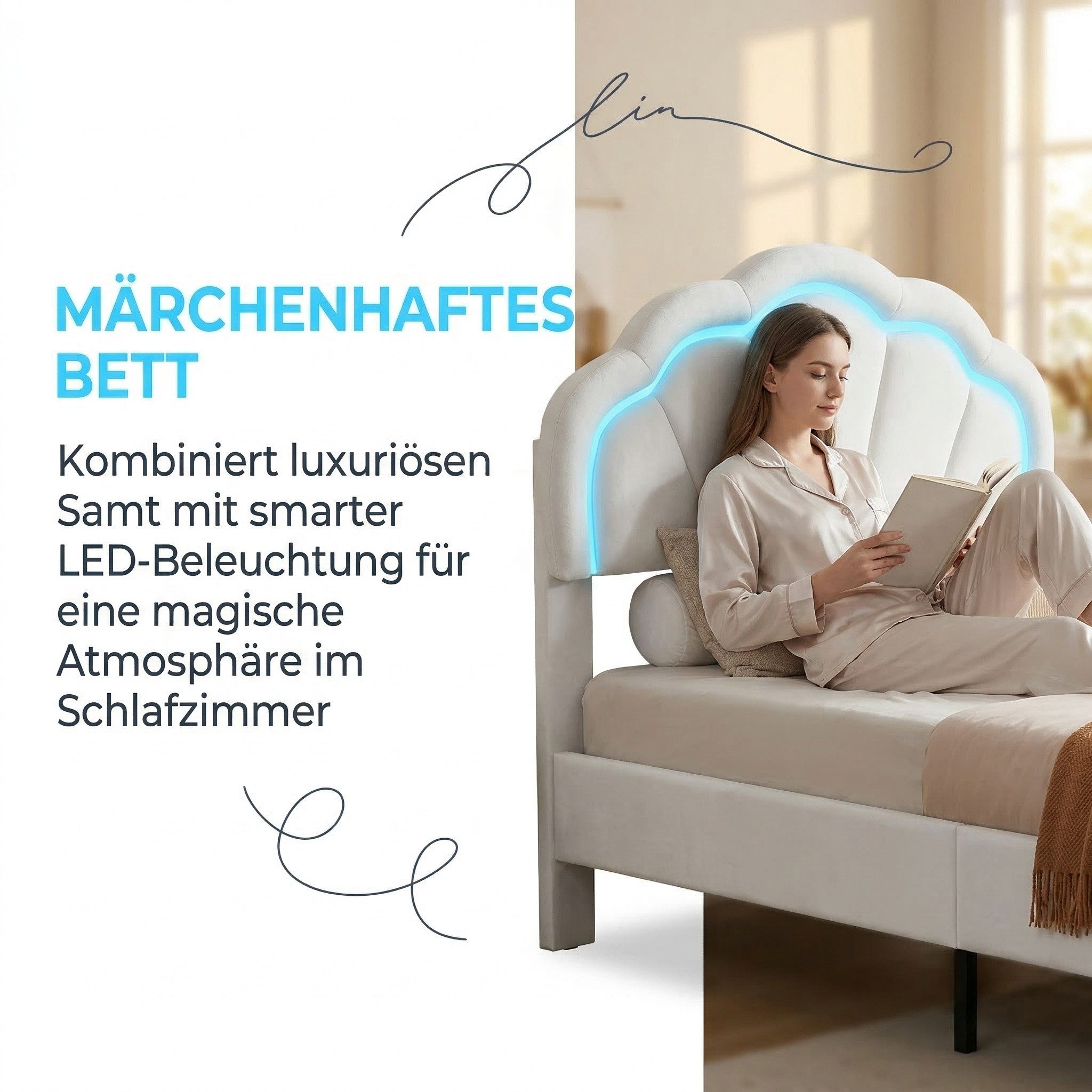 PXloue Polsterbett Kinderbett Jugendbett (Kopfteil hochstellbar), Einzelbett,Cloud-Kopfteil,mit LED-Beleuchtung und Lattenrost,90x200cm – Bild 2 von 5