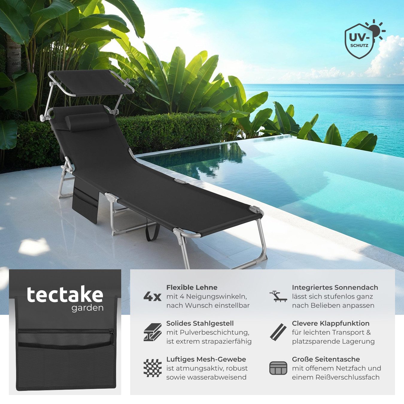 tectake Gartenliege Sonnenliege mit Seitentasche und Kopfpolster, 190 x 68 günstig online kaufen