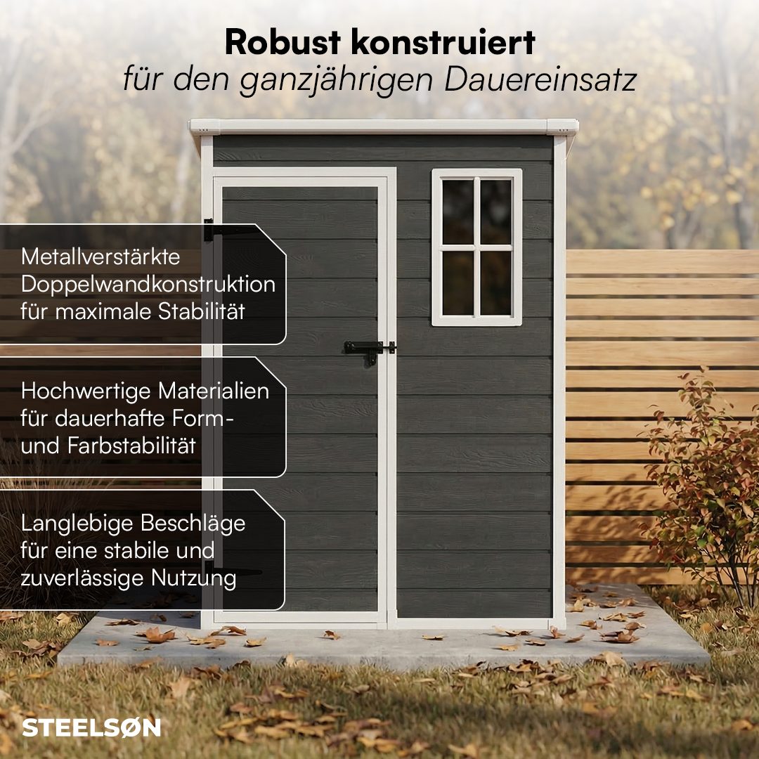STEELSØN Gerätehaus Novara mit Bodenplatte, wetterfest, Geräteschuppen mit Pultdach, Gartenhaus inkl. Fenster