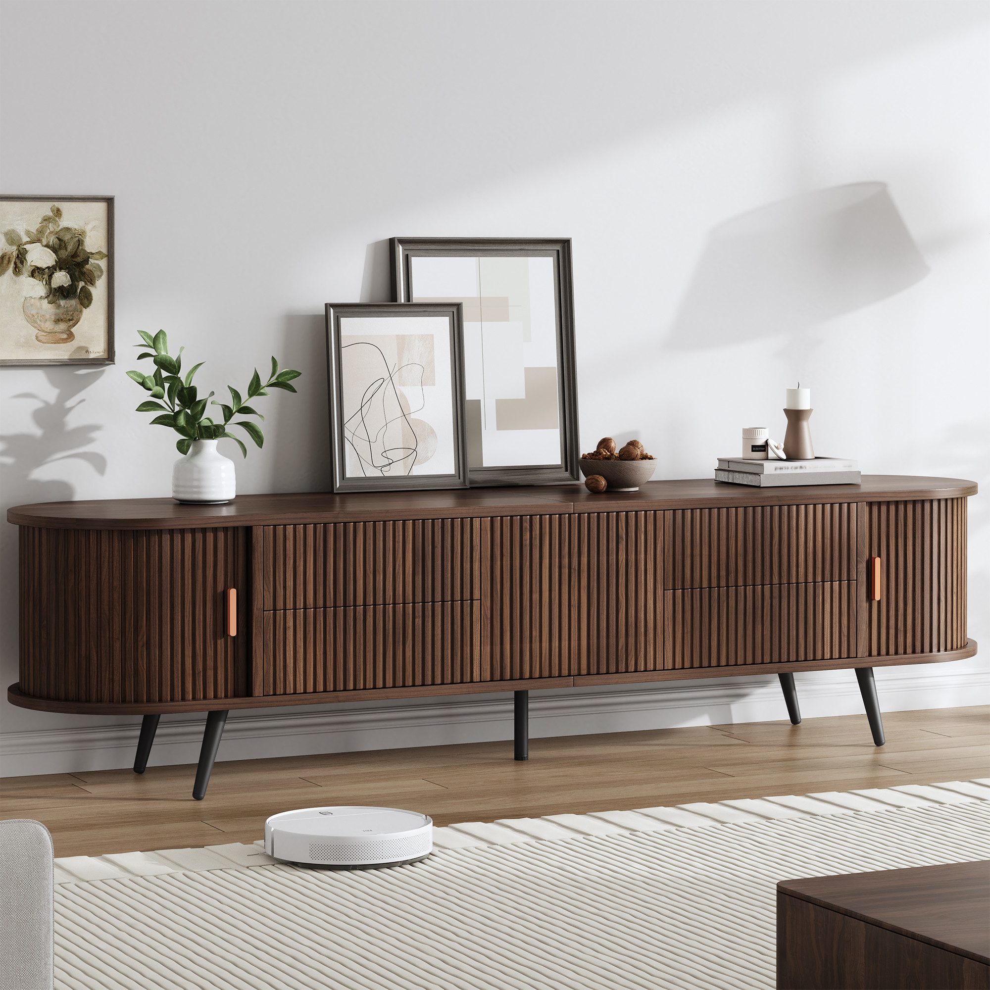 STILVORA Lowboard TV-Schrank mit 4 Schubladen Ovaler TV-Ständer für bis zu 80 Zoll (Wohnzimmerschrank mit Vertikalen Streifen Design, Rollladentürdesign, für bis zu 80 Zoll), Nussbaum dunkel