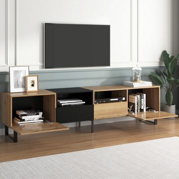 IDEASY Spind Moderner TV-Schrank, farblich passendes Design in Schwarz und Holz, zwei Türen, zwei Schubladen, zwei Fächer, 190*38*48 cm