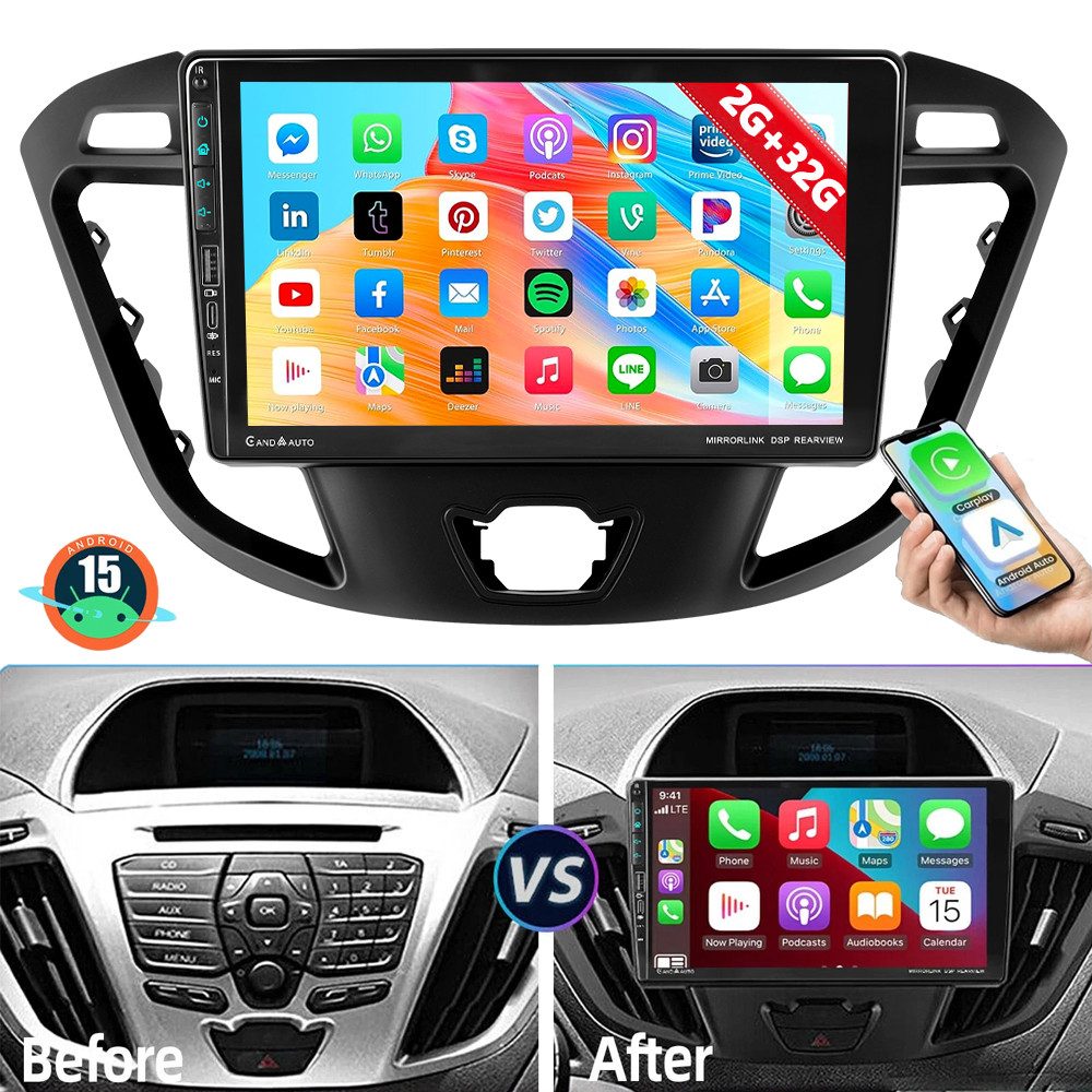 ESSGOO 64G DAB+ Android 15 Carplay Für Ford Transit Custom 2013-2021 GPS WIFI Autoradio (Digitalradio (DAB), 4+64GB(optional), RDS, AM, FM, Carplay Android Auto Bluetooth EQ USB GPS Navi WIFI Touchscreen)