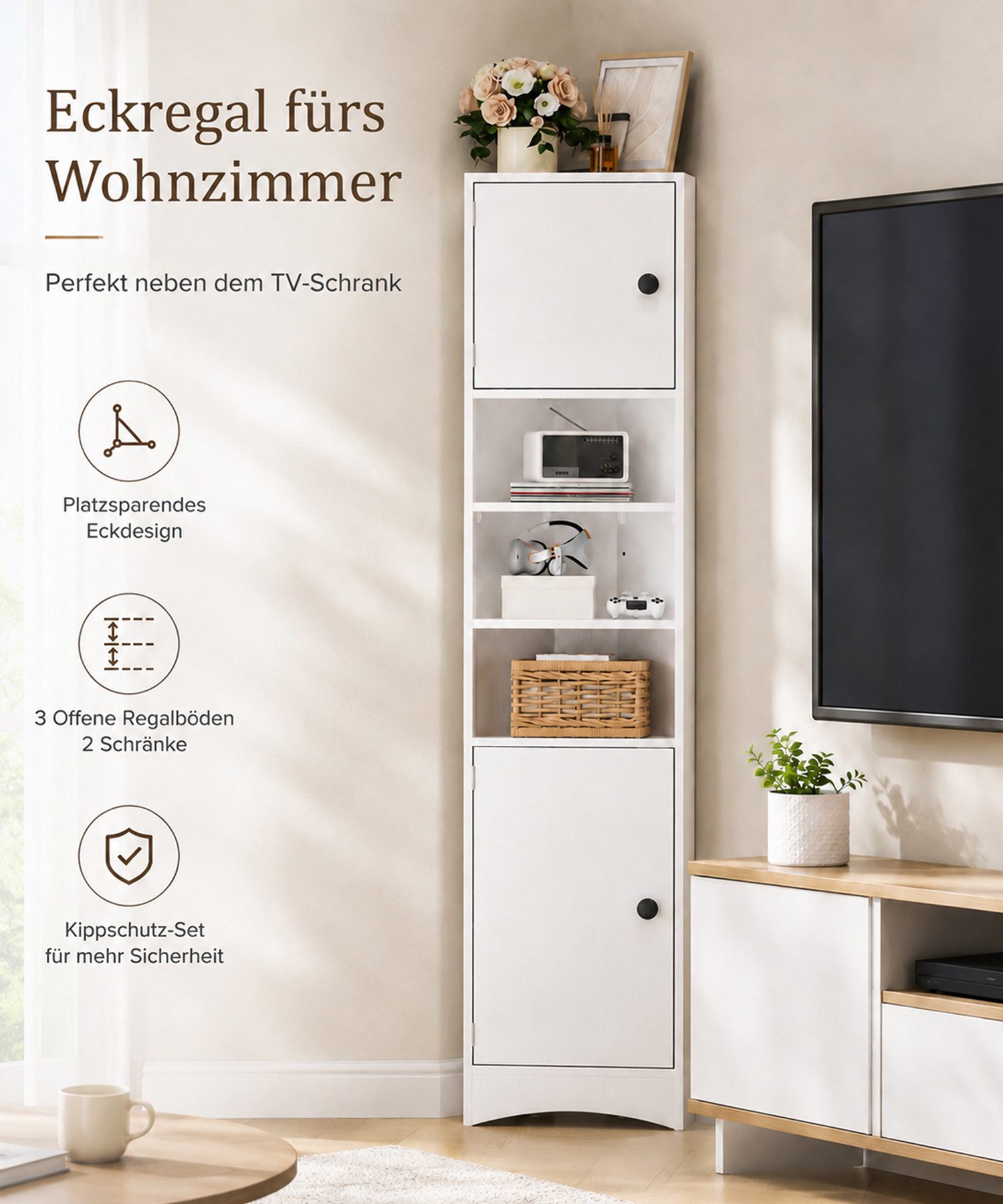 Yorbay Eckschrank 170 cm Badezimmerschrank, mit 2 Türen & 3 offenen Fächern, weiß Platzsparend Hochschrank für Ecke, verstellbaren Einlegeböden
