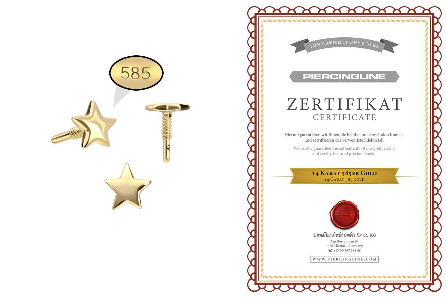 PIERCINGLINE Piercing-Set 14 Karat Gold Schraubaufsatz mit Außengewinde STERN (Schraub-Aufsätze, 1-tlg)