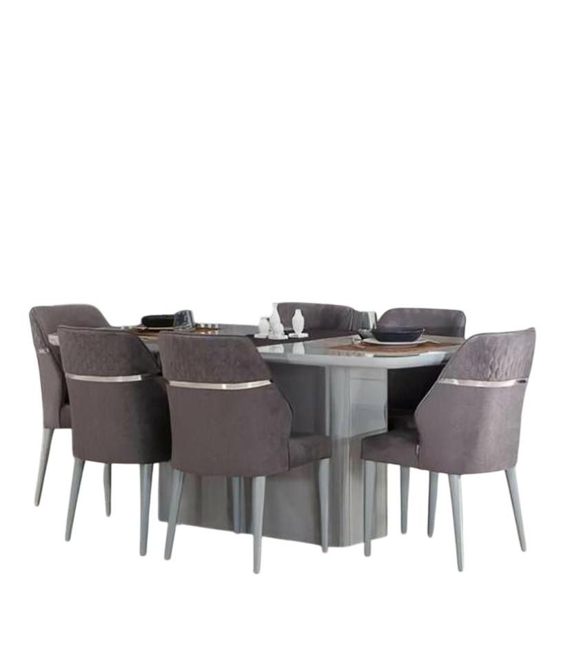 JVmoebel Esszimmer-Set Essgruppe 7tlg. Esstisch Holz Grau mit Stoffstühlen für Esszimmer, (7-St., Esstisch, 6xStühle), Made in Europe