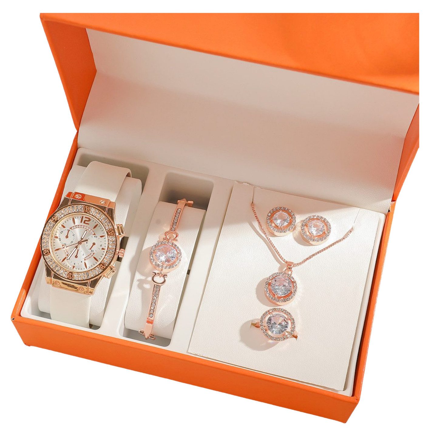 Quarzuhr  Geschenk Damen Armbanduhr Armband Halskette Ring Ohrring Schmuck Set