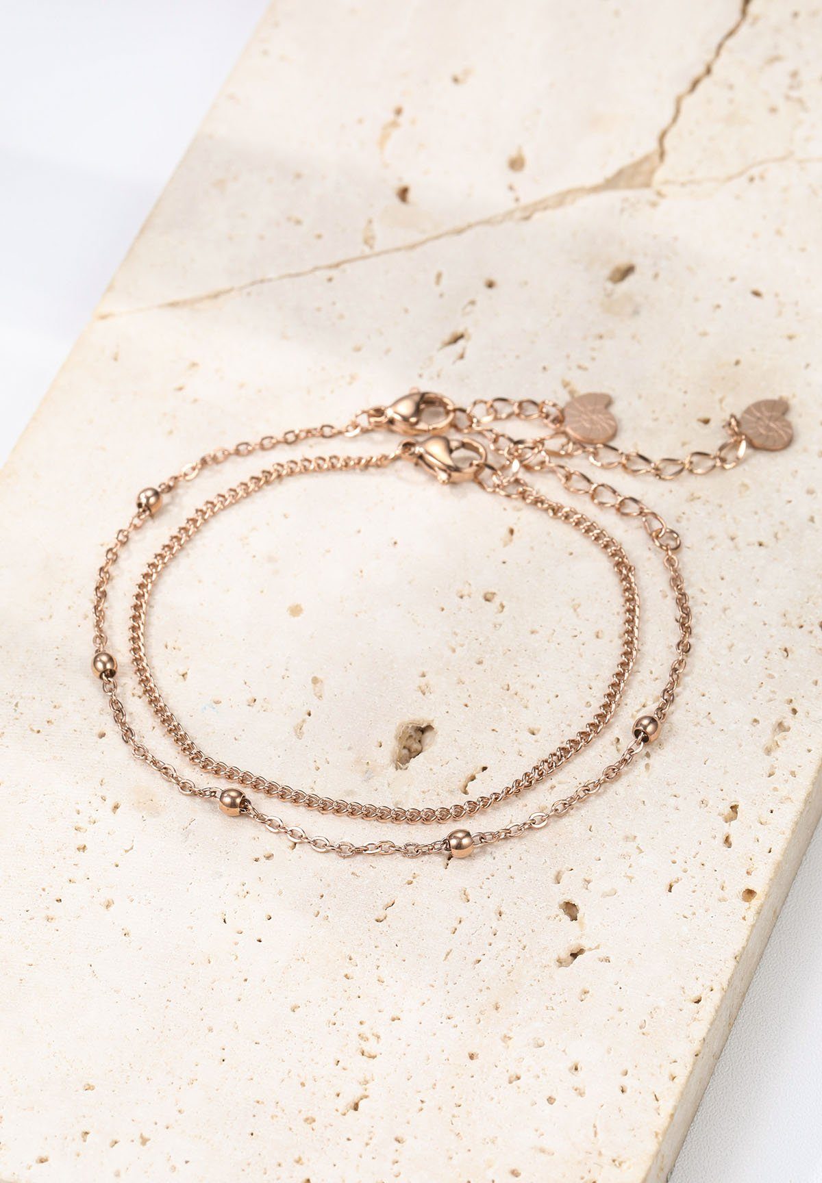 Hey Happiness Armketten Set Damen Edelstahl, 18K Gold Roségold, 2er Layer Set Kugel Rolo Kette Armband, wasserfest