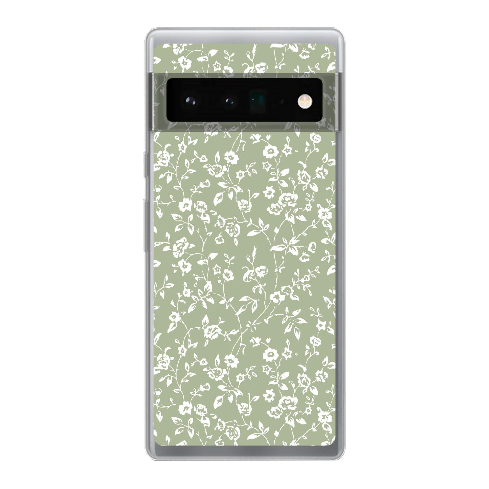 MuchoWow Handyhülle für Google Pixel 6 Pro Blumen - Druck - Grün - Weiß, Handy Case, Silikon, Bumper Case Dünn
