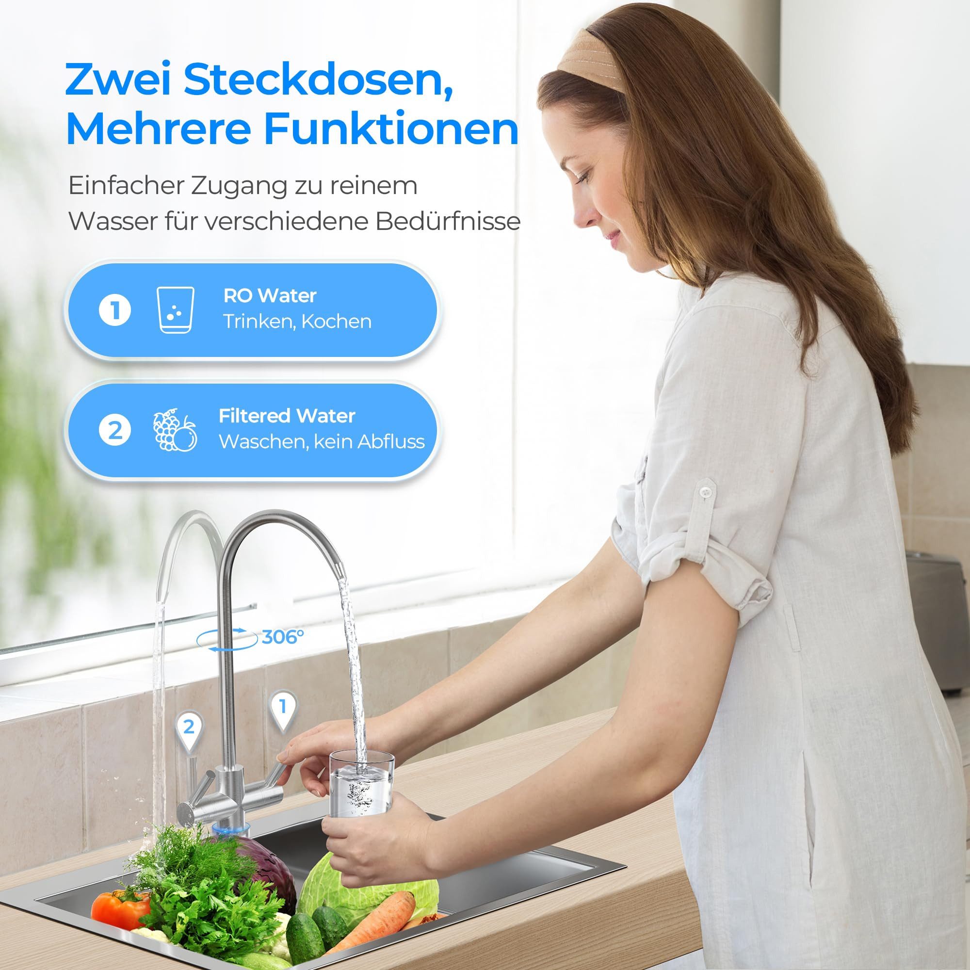 Ecoviva Wasserfilter RO600G Umkehrosmose-Wasserfiltersystem, 8-Stufen-Filtration, 2,5:1 Rein zu Abfluss, RO & Gefiltertes Wasser