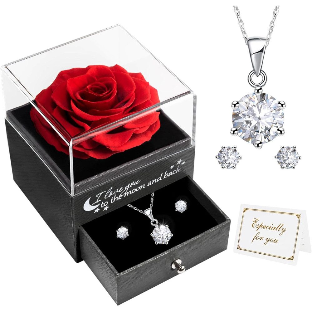 Miofula Adventskalender Ewige RoseGeschenk für damen mit Halskette Ohrringe 925 Sterlingsilber (Wonderful Geschenke, 1-tlg), Kette Geschenke für Mama Oma Freundin Geschenk Valentinstag