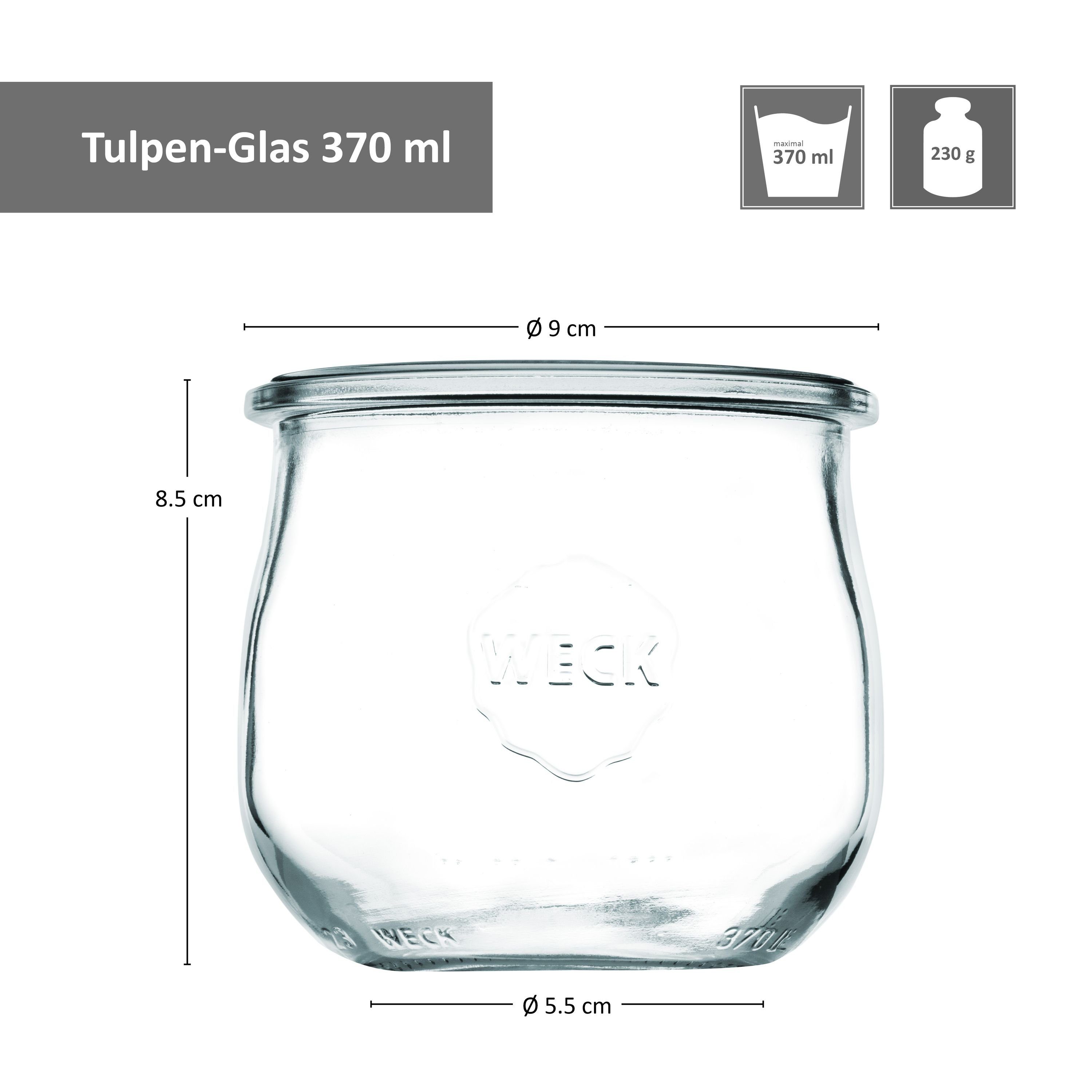 MamboCat Einmachglas 12er Set Weck Tulpenglas Gläser Klammer, 370ml Glasdeckel Einkochringe Glas