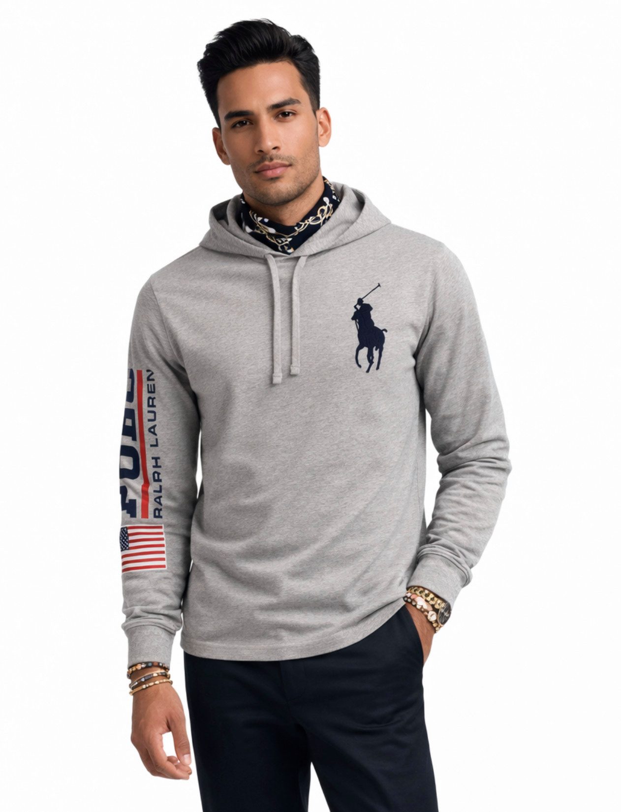 Polo Ralph Lauren Longsleeve Hoodie Big Pony Kapuzenpullover Regular Fit Dünner Baumwollstoff Auffälliger „POLO“ Schriftzug mit US-Flagge auf dem Ärmel
