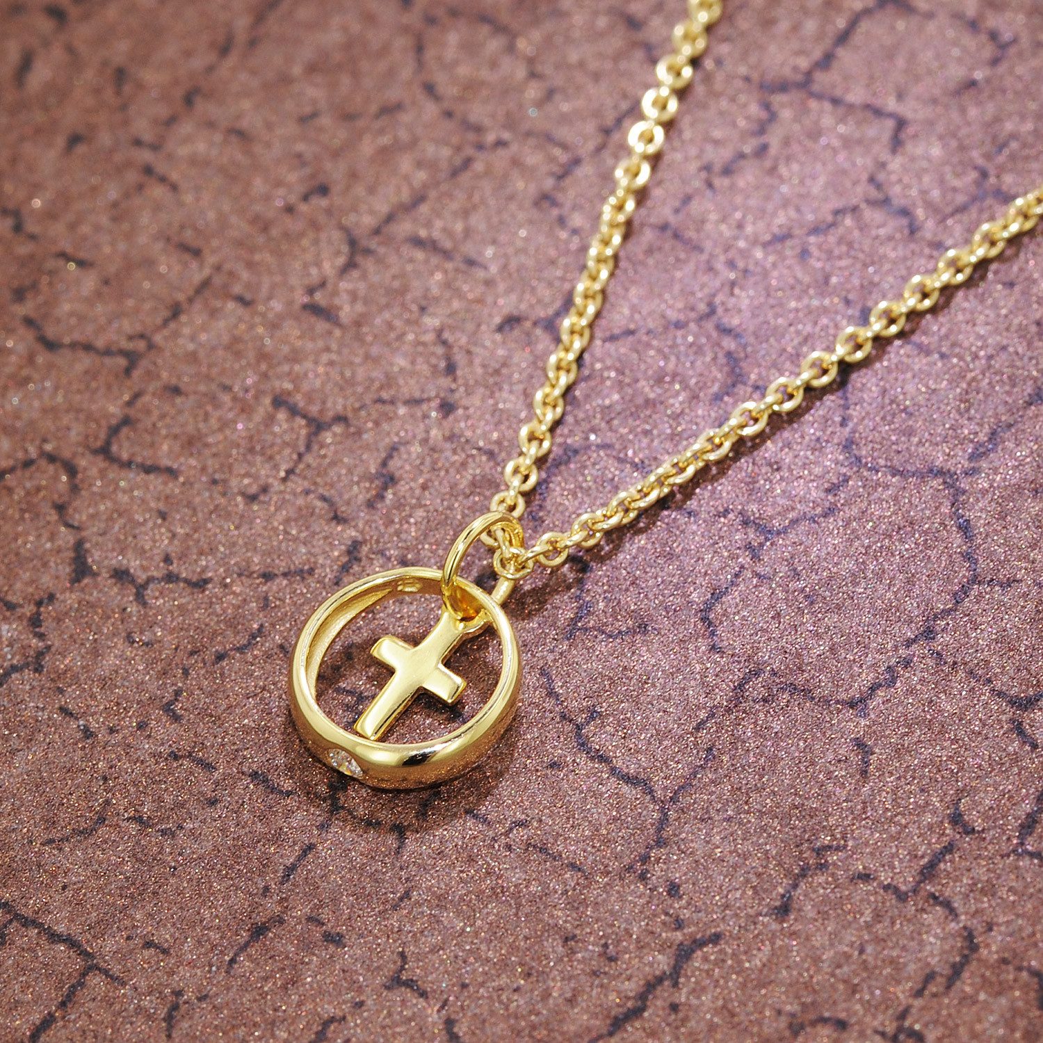 trendor Kette mit Anhänger Taufring Anhänger mit Kreuz Gold 333 + vergoldete Silberkette