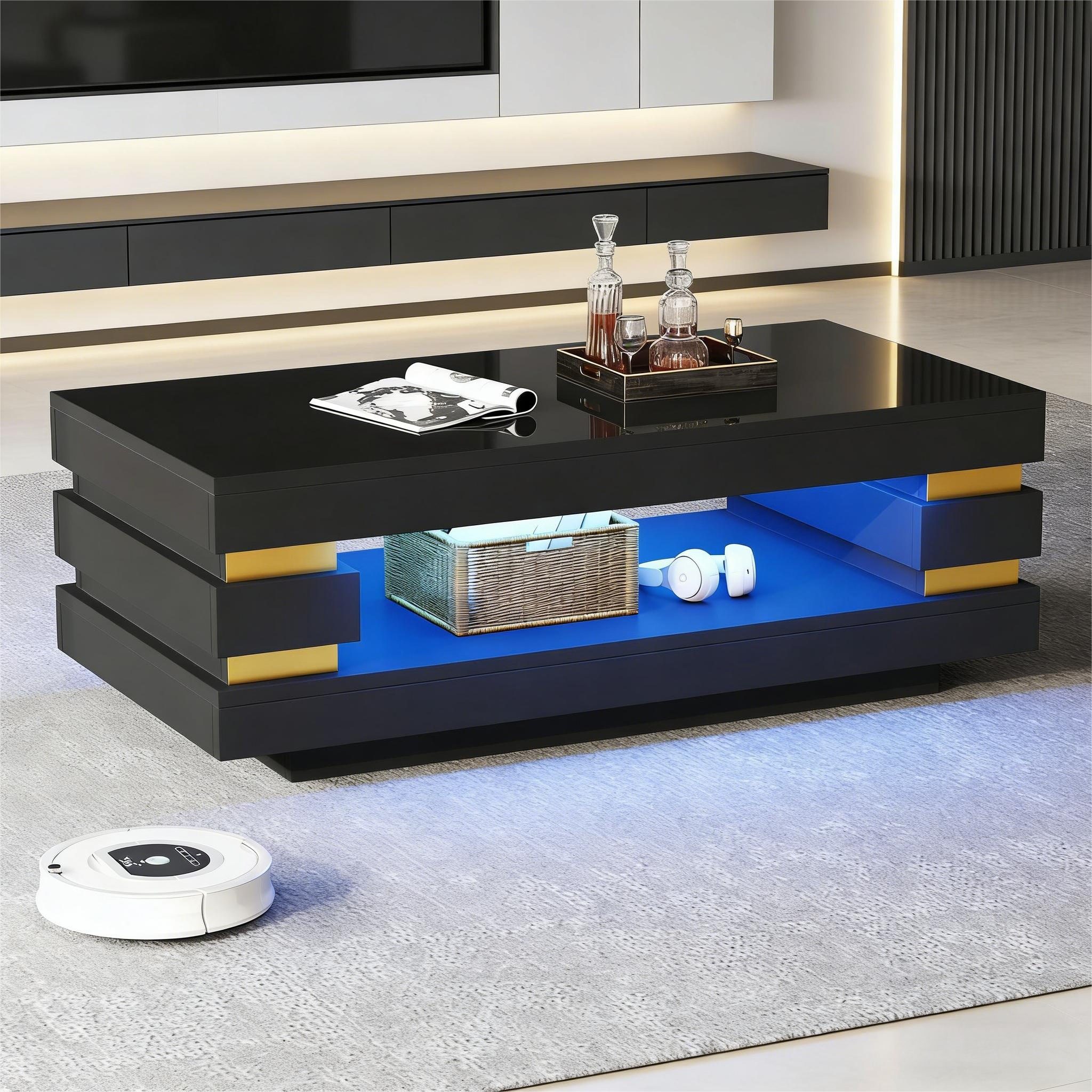 Merax Couchtisch hochglanz Sofatisch Beistelltisch mit LED-Beleuchtung (1-St), Wohnzimmertisch Sofatisch mit Stauraum & offener Ablage, 100x50x35cm