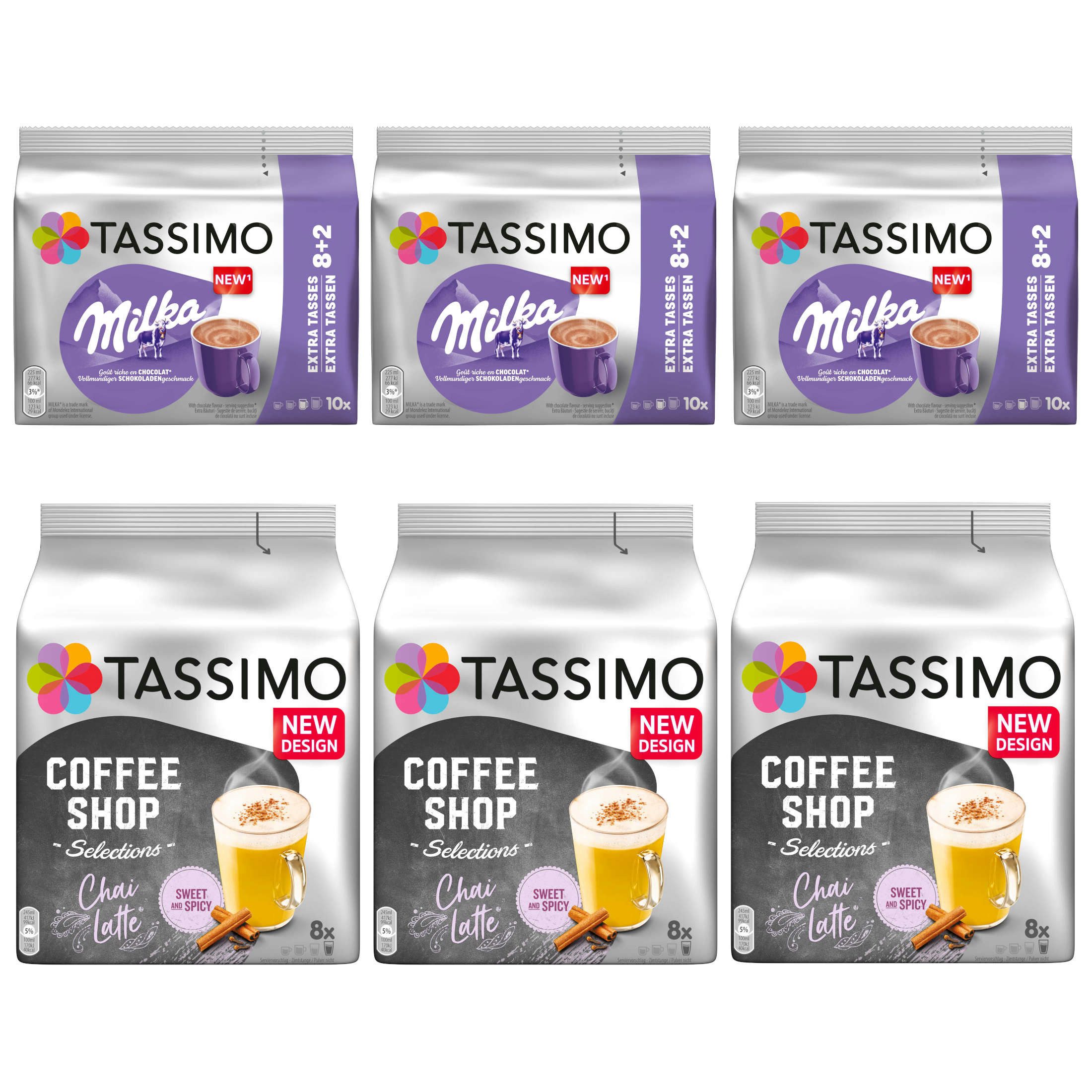 TASSIMO Kaffee Kapseln Choco-Chai-Paket je 3 Packungen Milka & Chai Latte 54 Getränke, 1044 g, (Packung, 6er Pack)