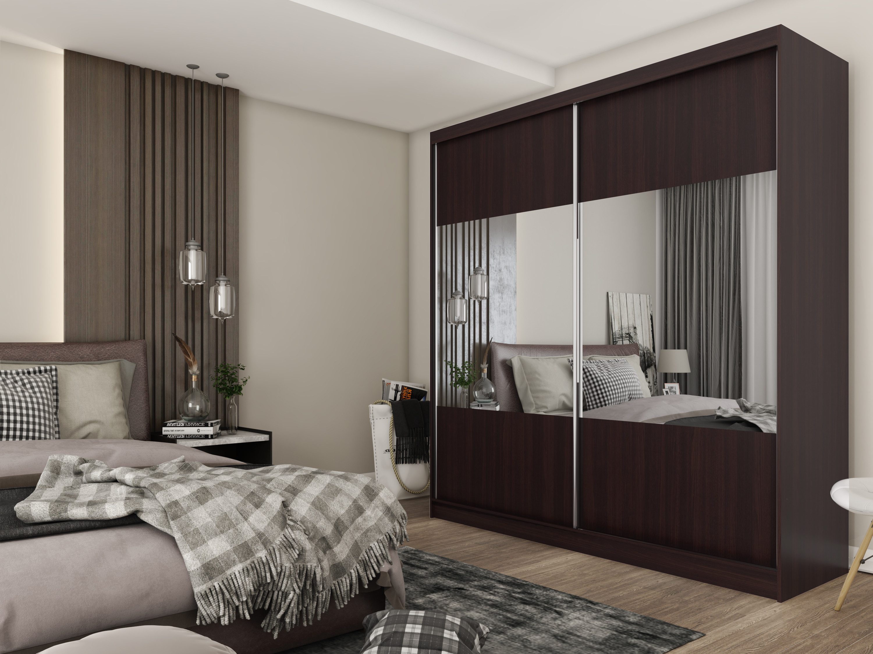 Masseno Schwebetürenschrank AZZURRA 200 cm Kleiderschrank mit Spiegel 2 Türen Wenge