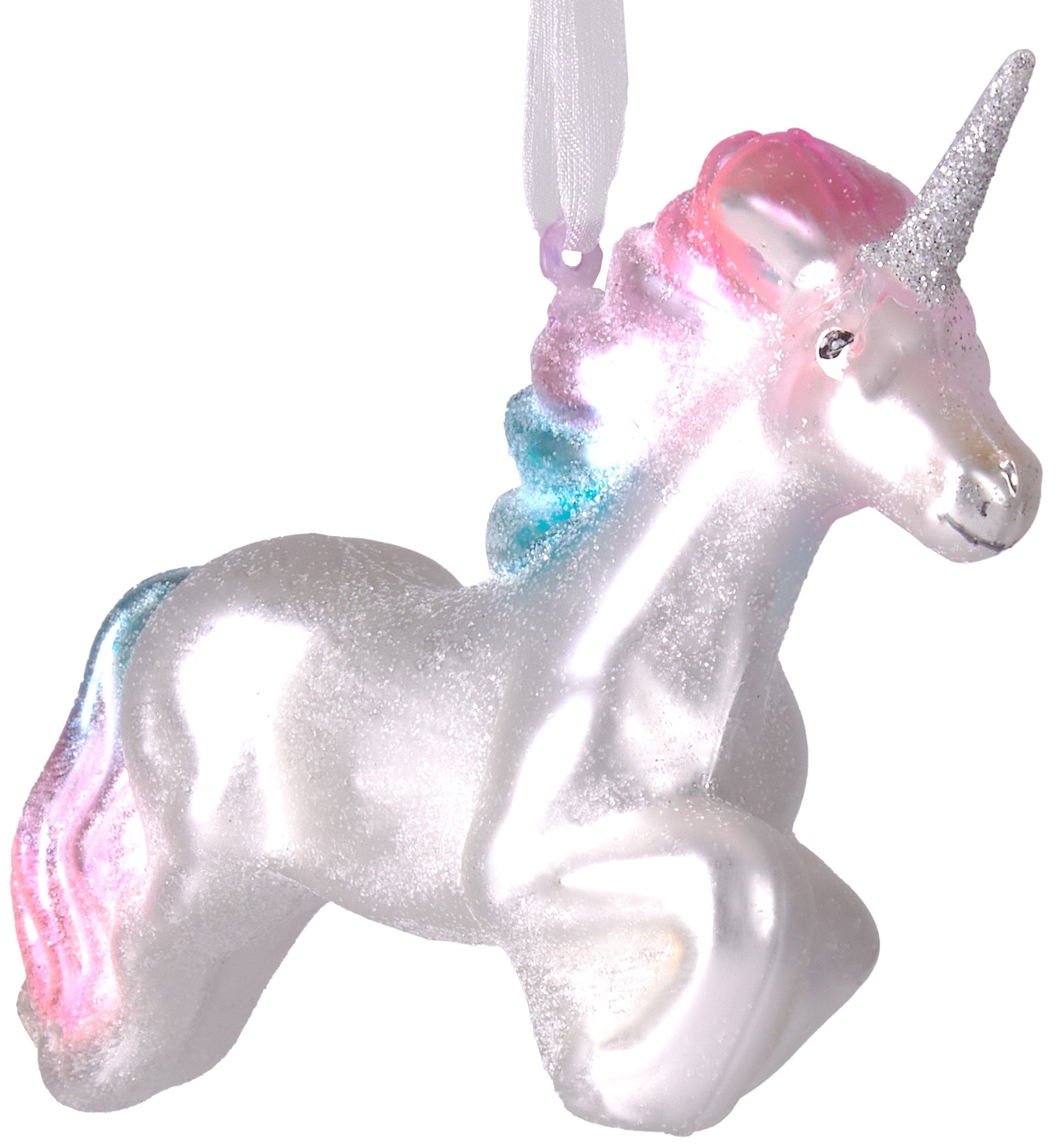 im Glas, Sprung, handbemalt 13.5 Fantasie-Weihnachtsanhänger BRUBAKER aus Christbaumschmuck - Einhorn cm Weihnachtskugel Mundgeblasene