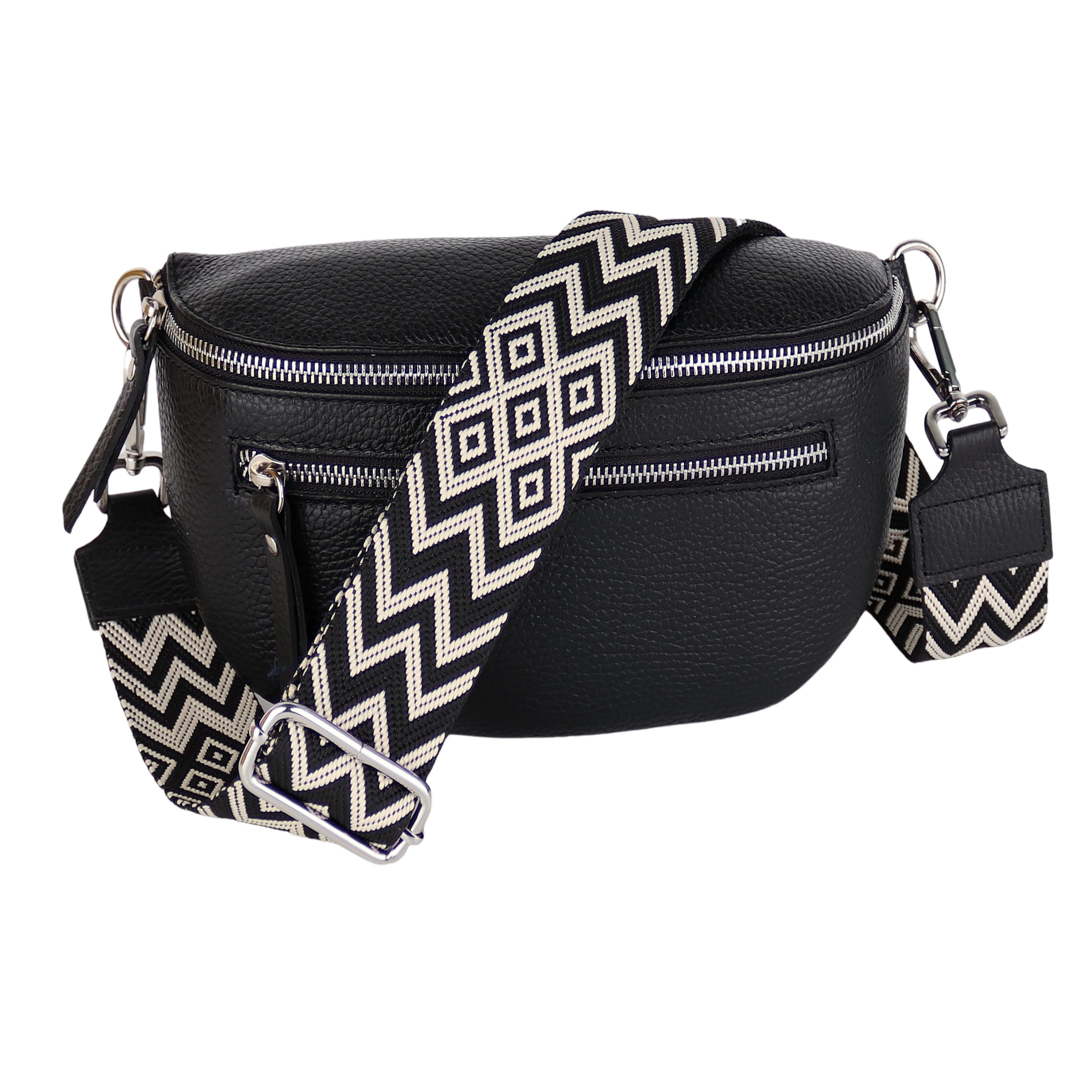 MIRROSI Bauchtasche Damen, Echtleder, Leder, Made in Italy, Umhängetasche, Brusttasche, (Schultertasche für jeden Anlass (1 Tasche & 2 Gurt), Mit zwei Reißverschlüssen, Gr. M 27x14x8 cm oder Gr. L 27x20 x9cm), Schwarz Crossbody Bag, gemusterten& verstellbaren Schulterriemen