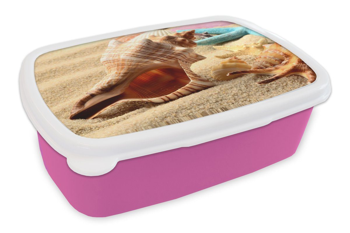 MuchoWow Lunchbox Seesterne - Muscheln - Sand - Strand, Kunststoff, (2-tlg), Brotbox für Erwachsene, Brotdose Kinder, Snackbox, Mädchen, Kunststoff rosa