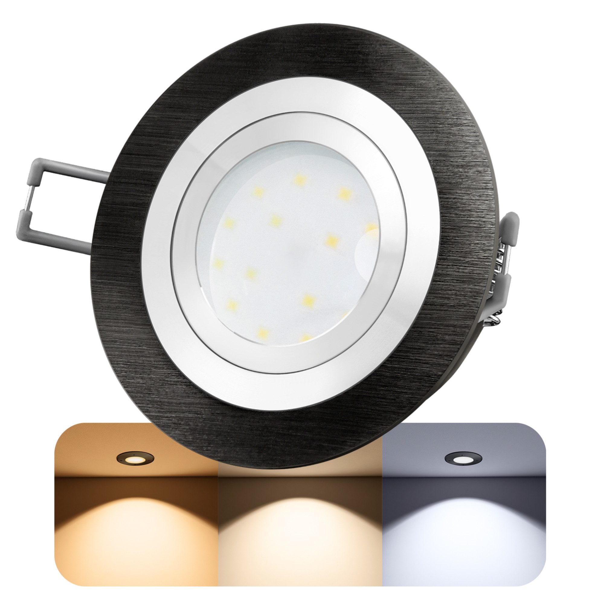 SSC-LUXon LED Einbaustrahler Einbauspot RF-2 gebürstet schwarz schwenkbar LED 5W drei Lichtmodi, Neutralweiß, Warmweiß, Tageslichtweiß