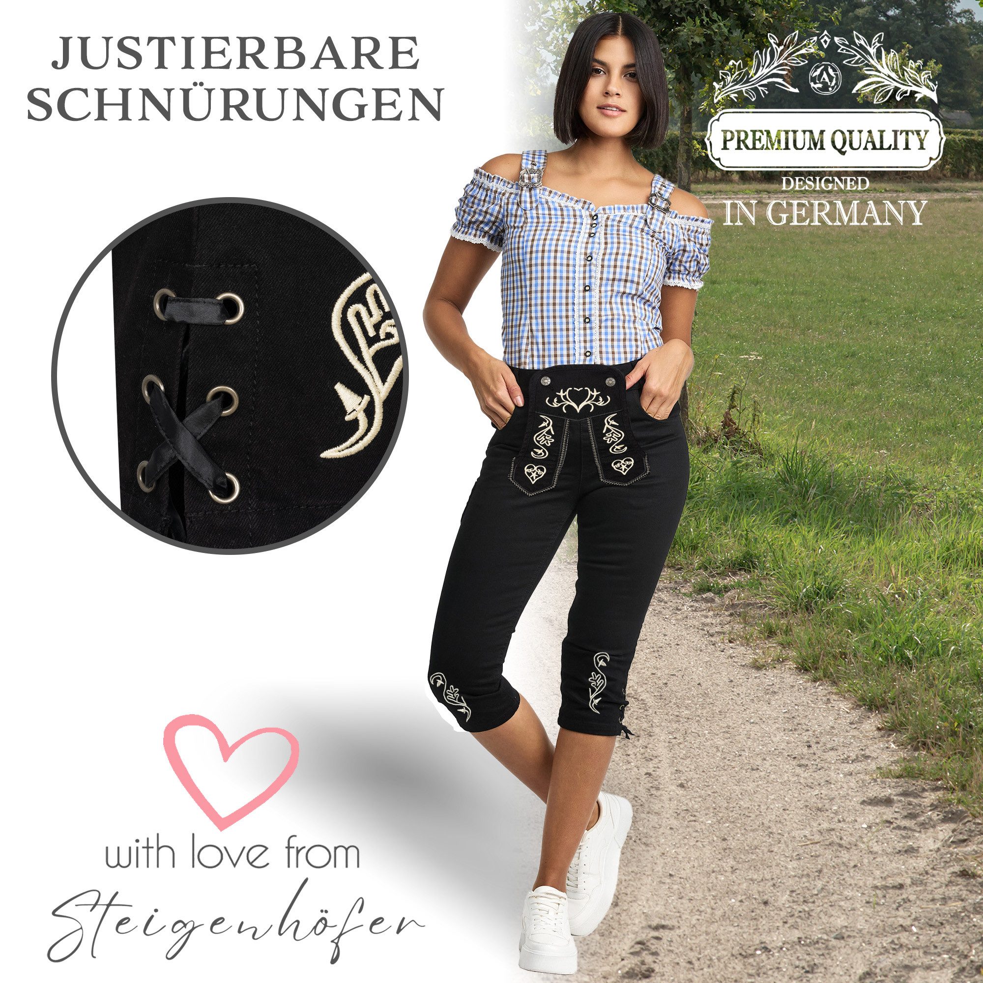 Steigenhöfer Manufaktur Trachtenjeans im Lederhosen Look - Damen Shorts - Stretch für Komfort - Capri Jeans Traditionelles Design - Ideal für Oktoberfest usw. - – Bild 5 von 5