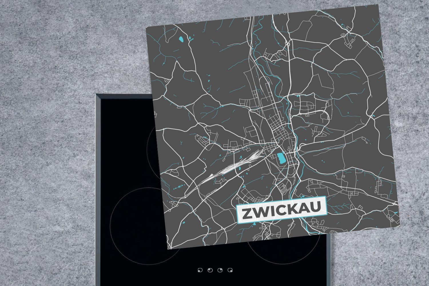 - (1 MuchoWow küche Deutschland Vinyl, Herdblende-/Abdeckplatte Stadtplan für - Blau 78x78 - cm, Karte, Arbeitsplatte tlg), - Zwickau Ceranfeldabdeckung,