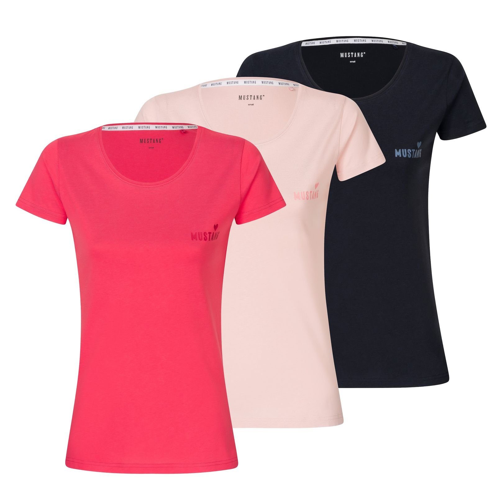 Logo-Print Toniger T-Shirt MUSTANG Brust Weite, Rot Everyday mit der auf Damen Lounge Herz (Packung, 1-tlg) lässige Shirt