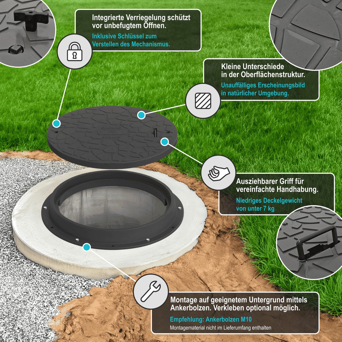 Xanie Erdschacht Schachtdeckel DN600 mit Rahmen Ø 800 mm + Verriegelung, Kunststoff A15, 80x80x9.5 cm, grau, begehbar, natürliche Optik