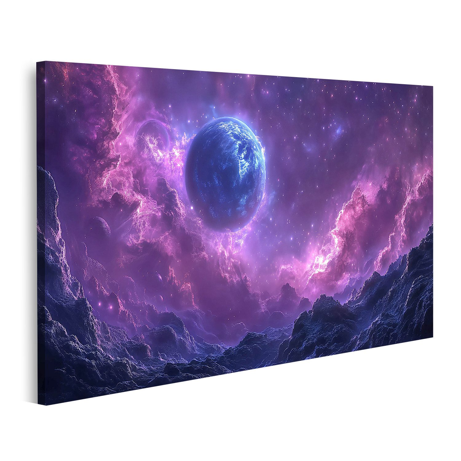 Leinwandbild Mystischer Planet schwebt im lila Universum im lilafarbenen All - für